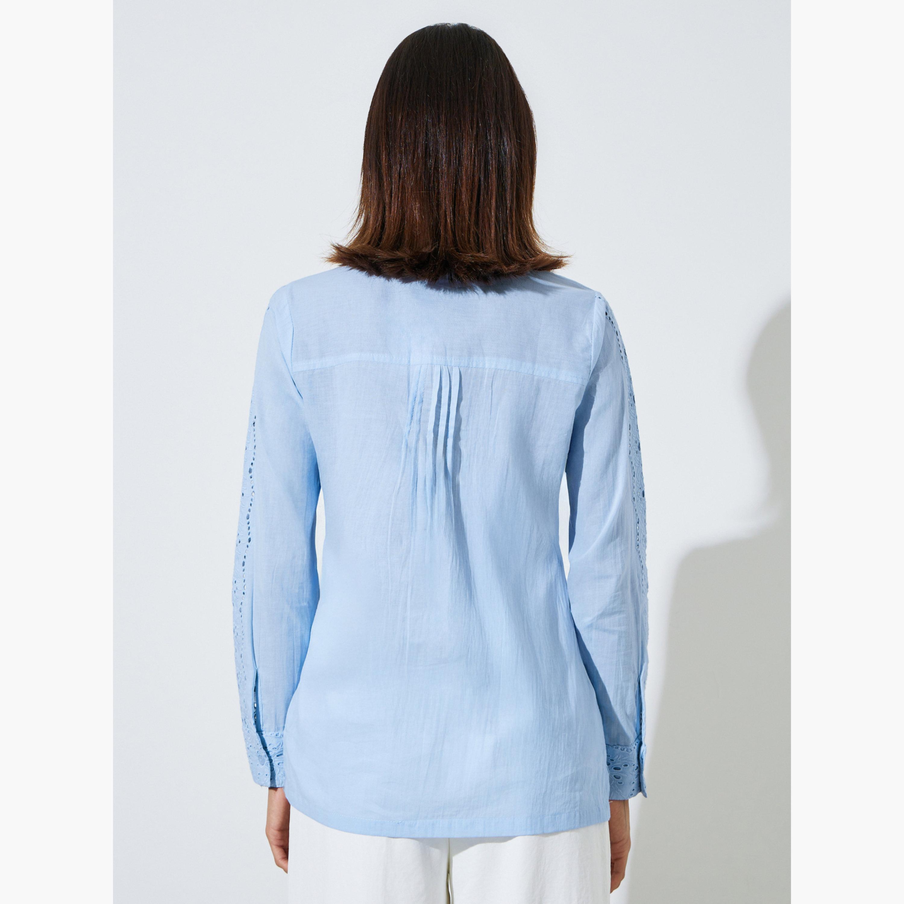 ستايلي - بلوزة زرقاء بأكمام طويلة من القطن الشيفلي-women-clothing-shirtsandblouses-blouses-image-5
