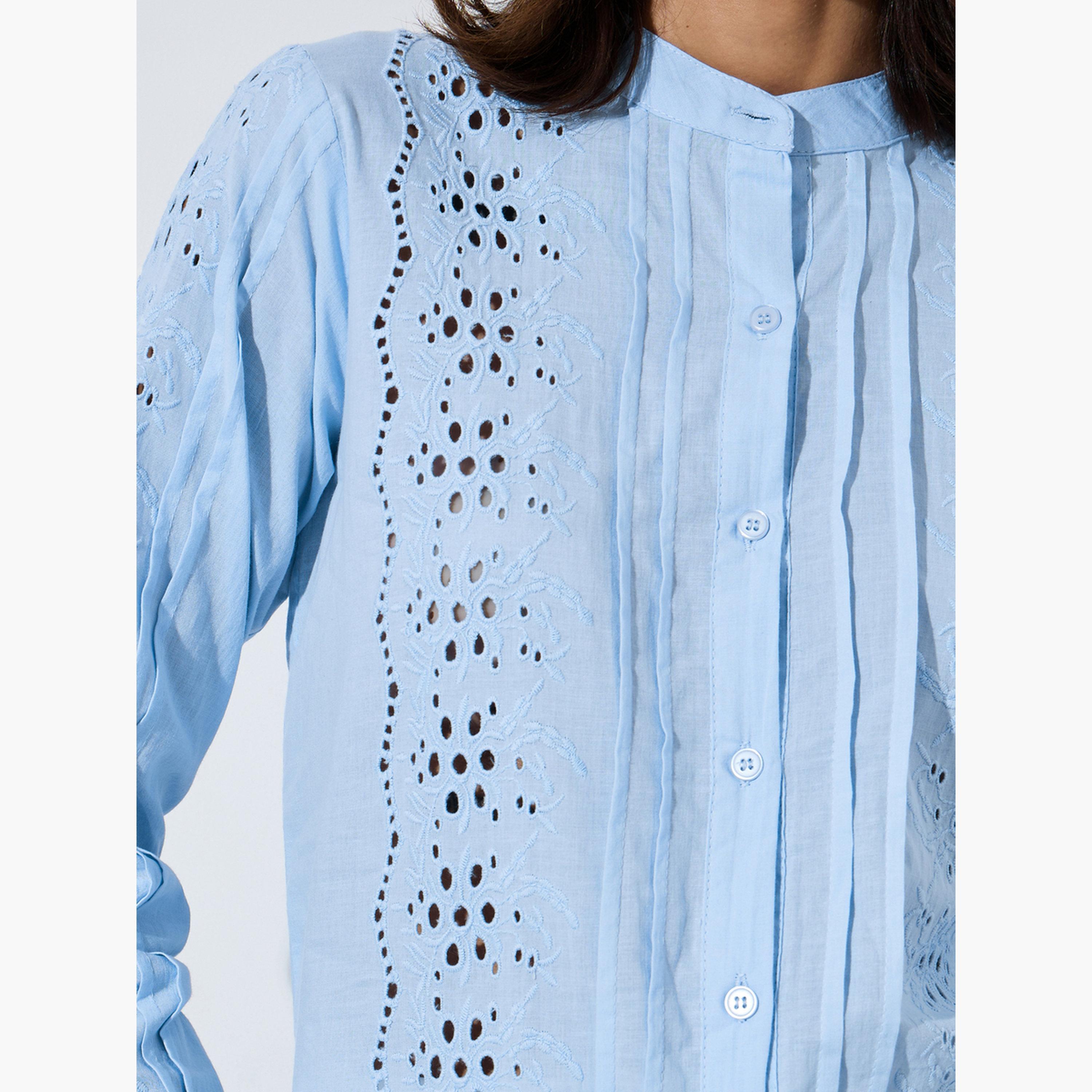 ستايلي - بلوزة زرقاء بأكمام طويلة من القطن الشيفلي-women-clothing-shirtsandblouses-blouses-image-6