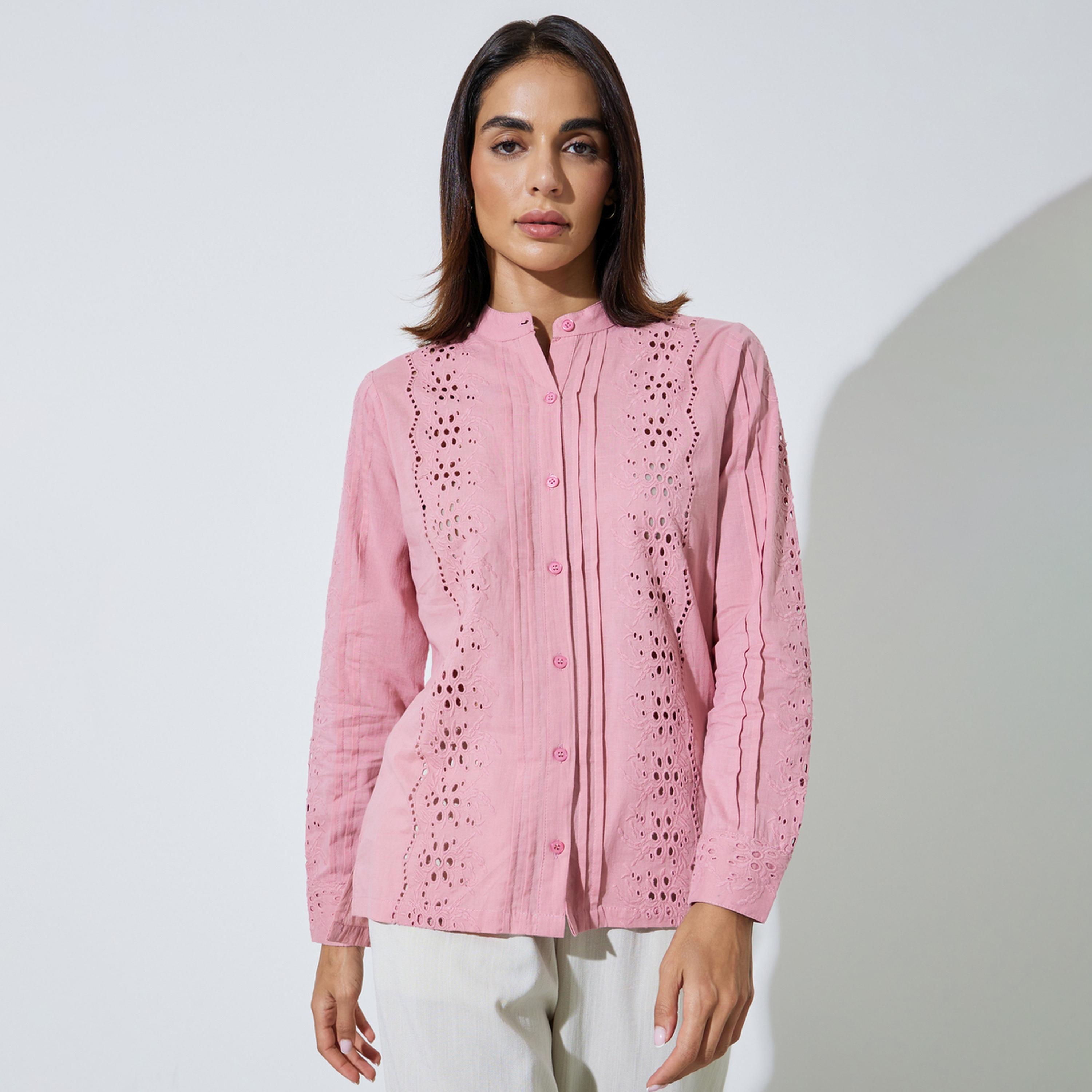 ستايلي - بلوزة قطنية وردية اللون بأكمام طويلة-women-clothing-shirtsandblouses-blouses-image-1