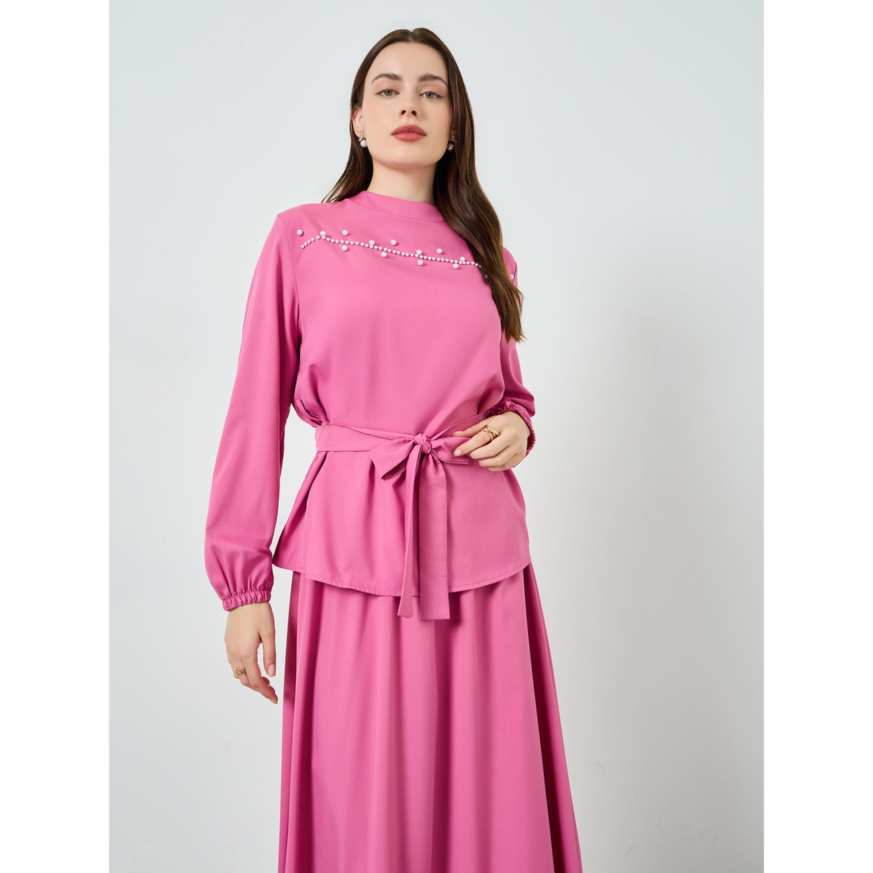 طقم منسق من بلوزة منمقة باللؤلؤ وتنورة طويلة-women-clothing-coordsets-image-3