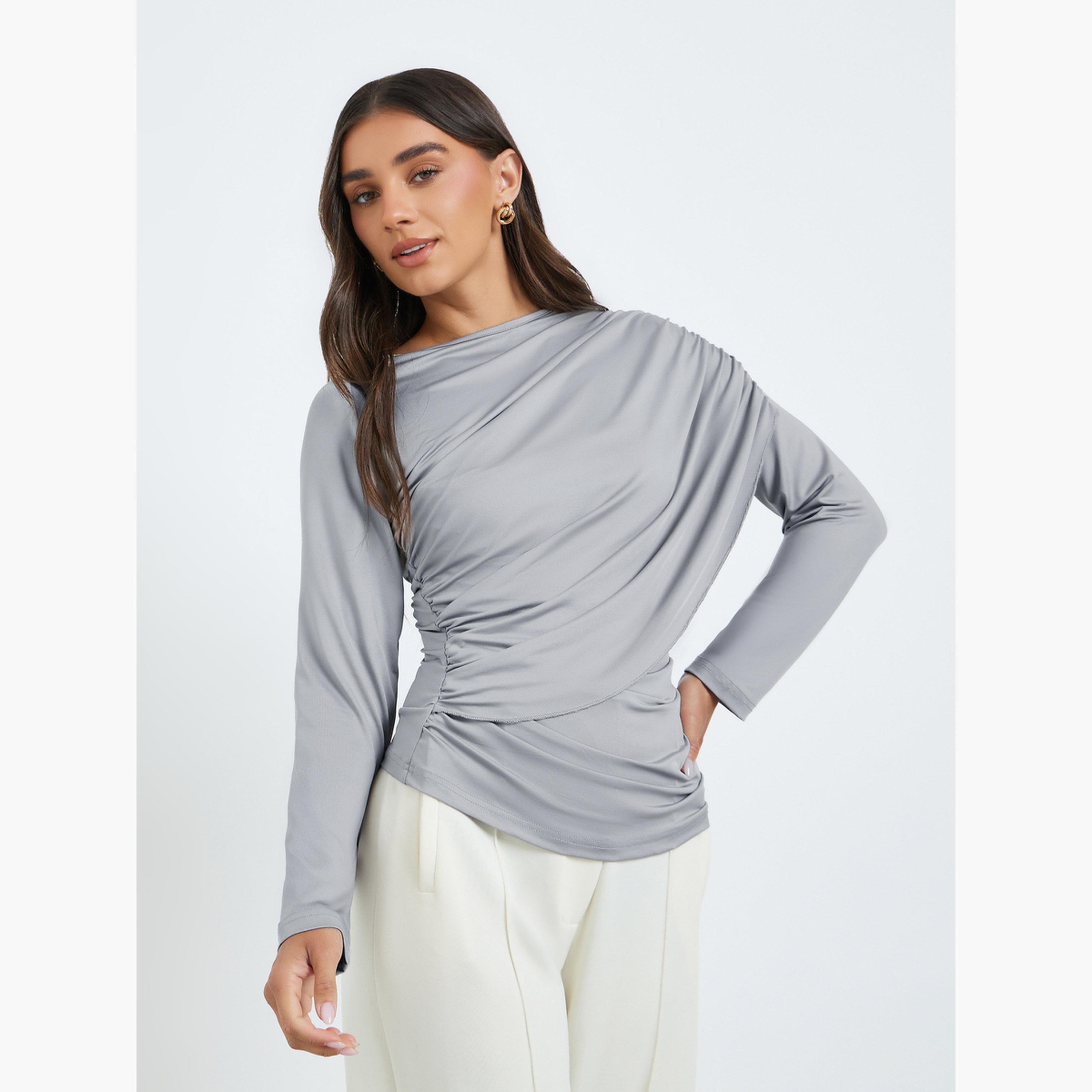Styli Women Grey Asymmetric Long Sleeve Top-women-clothing-shirtsandblouses-blouses-image-1