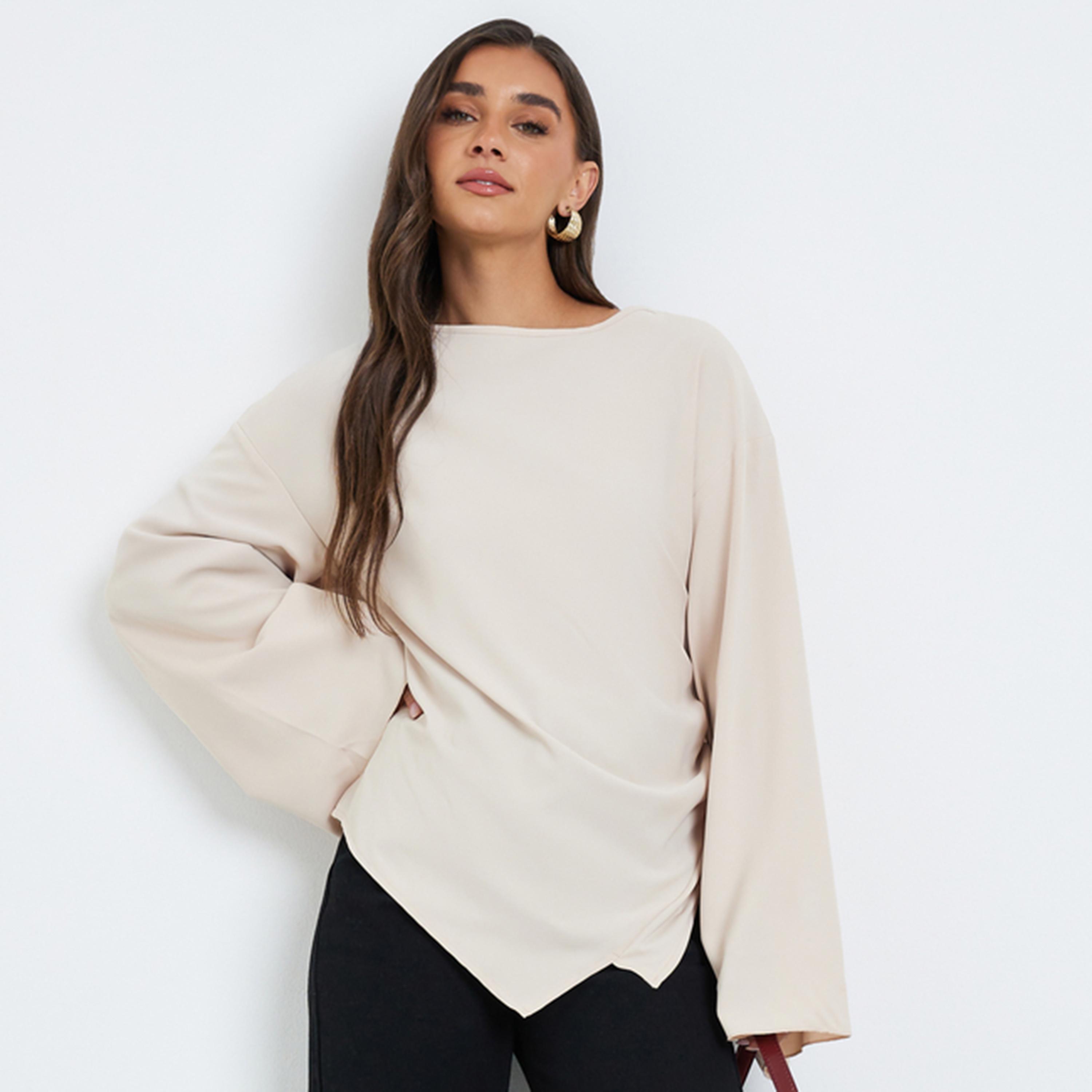 بلوزة بأكمام واسعة وحافة غير متماثلة للنساء-women-clothing-shirtsandblouses-blouses-image-1