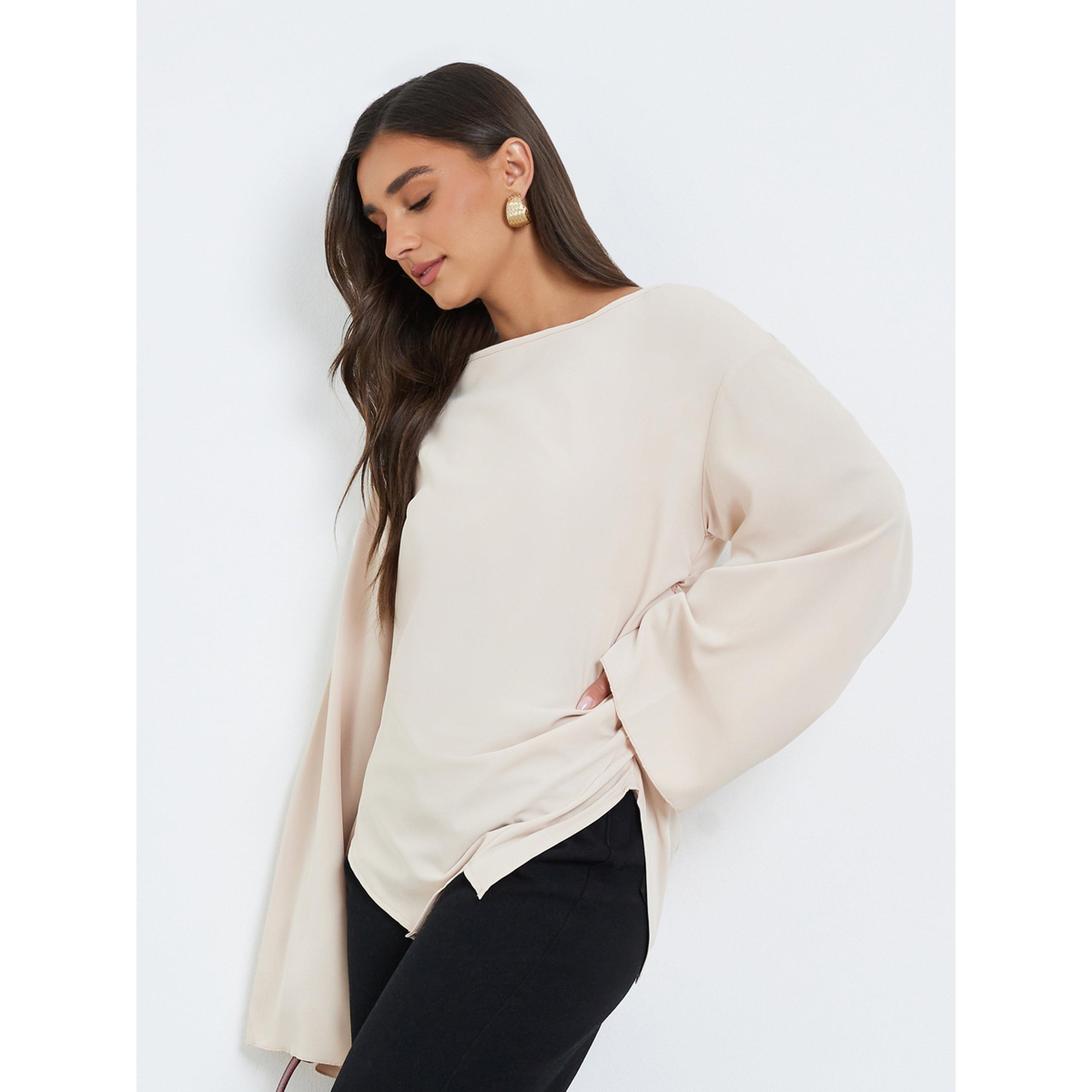Styli Women Beige Asymmetric Hem Flared Sleeve Blouse-women-clothing-shirtsandblouses-blouses-image-2