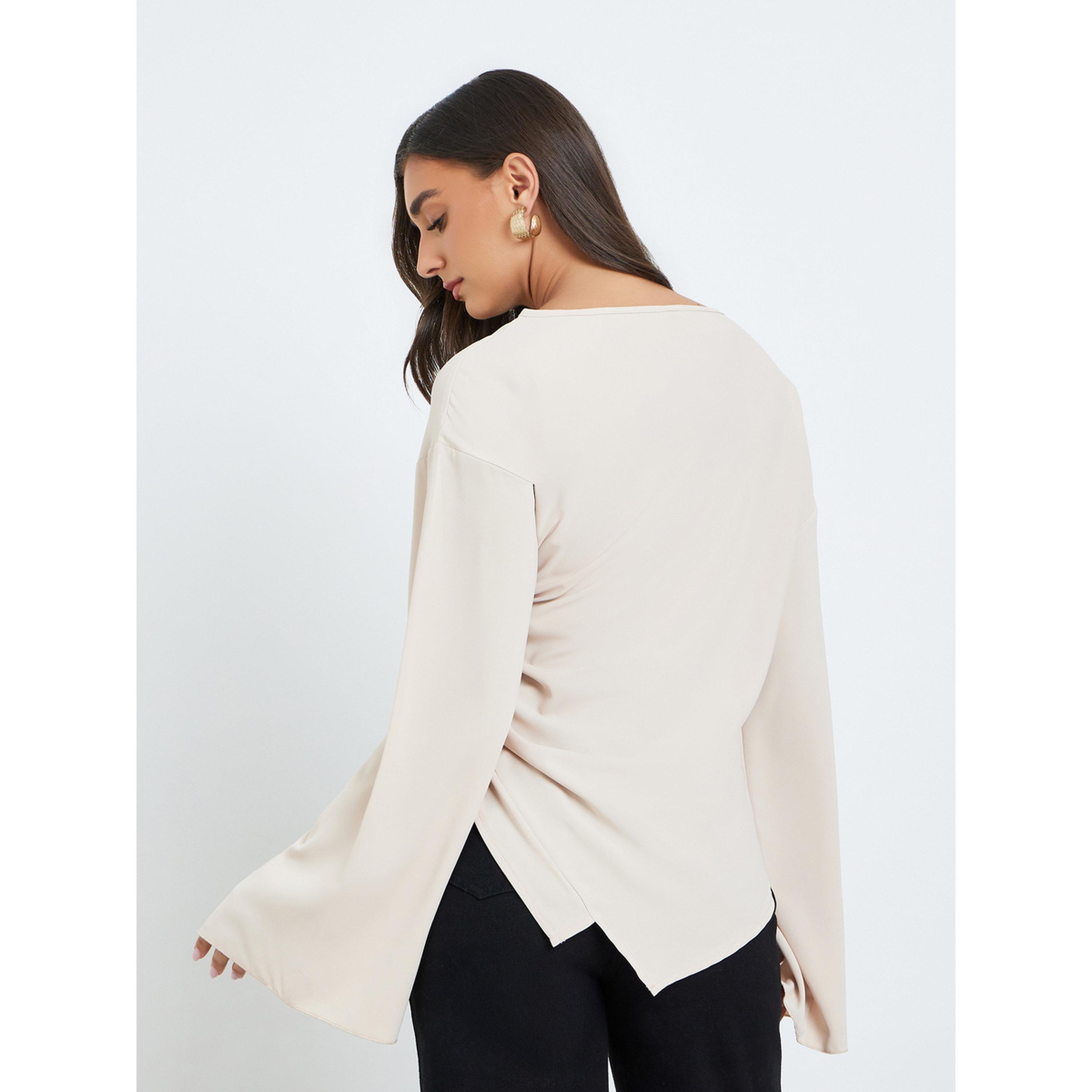 Styli Women Beige Asymmetric Hem Flared Sleeve Blouse-women-clothing-shirtsandblouses-blouses-image-4