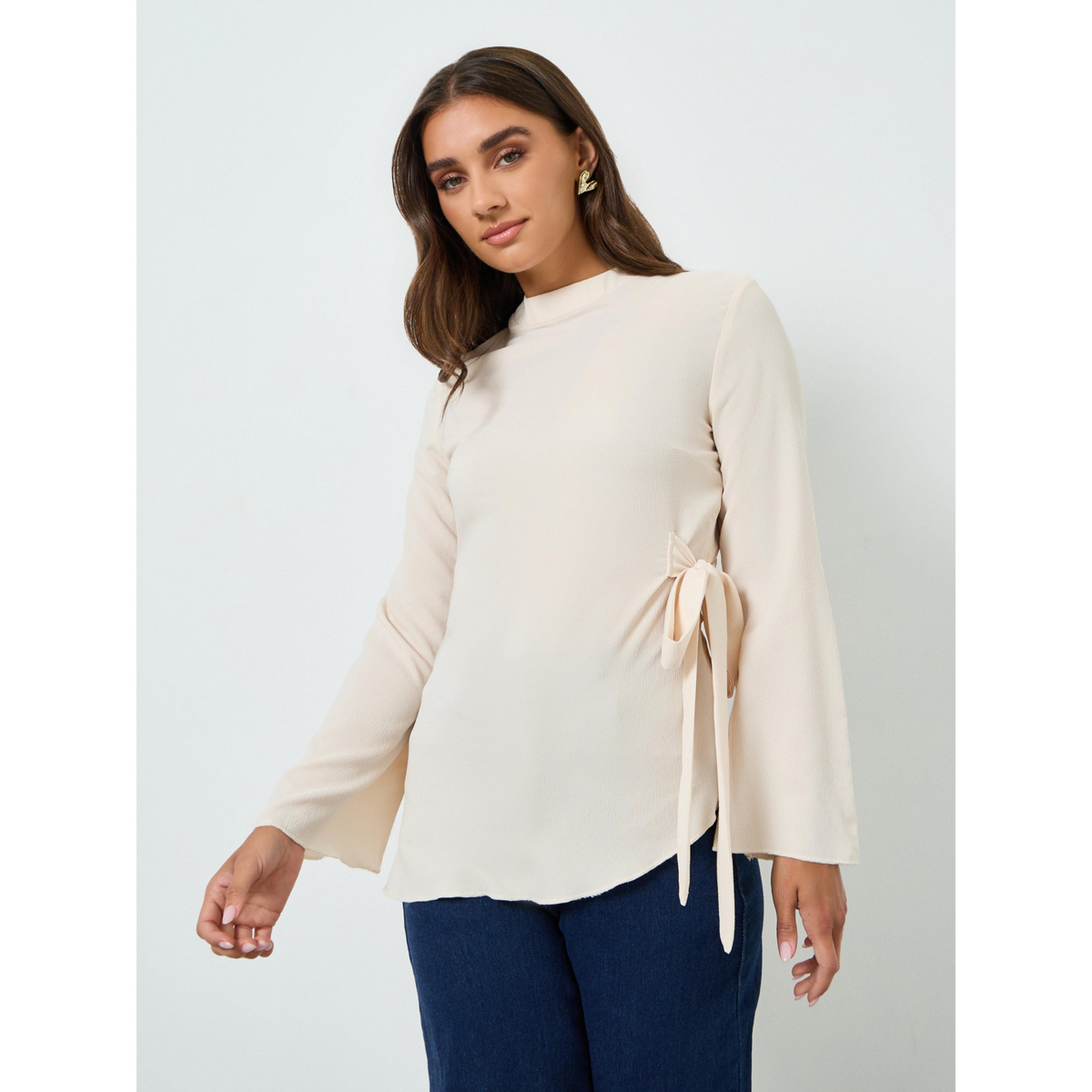 Styli Women Beige Long Sleeve Tie-Waist Blouse-women-clothing-shirtsandblouses-blouses-image-3