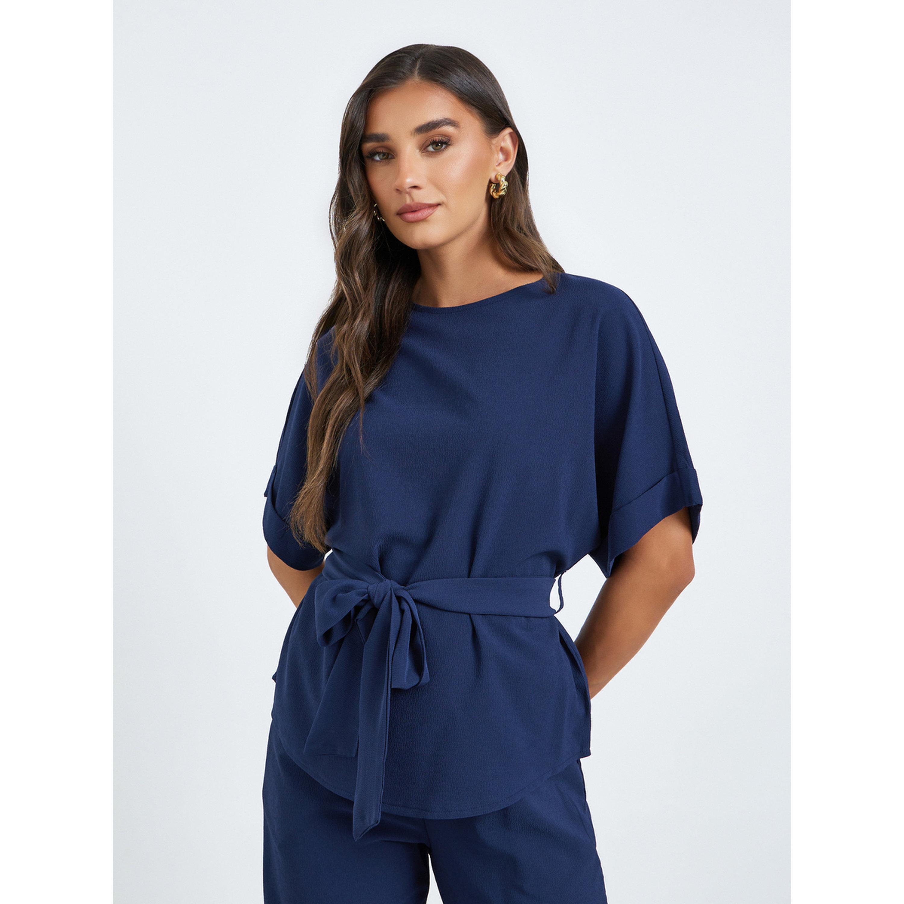 Styli Women Solid Belted Blouse and Pants Co-Ords-women-clothing-coordsets-image-2