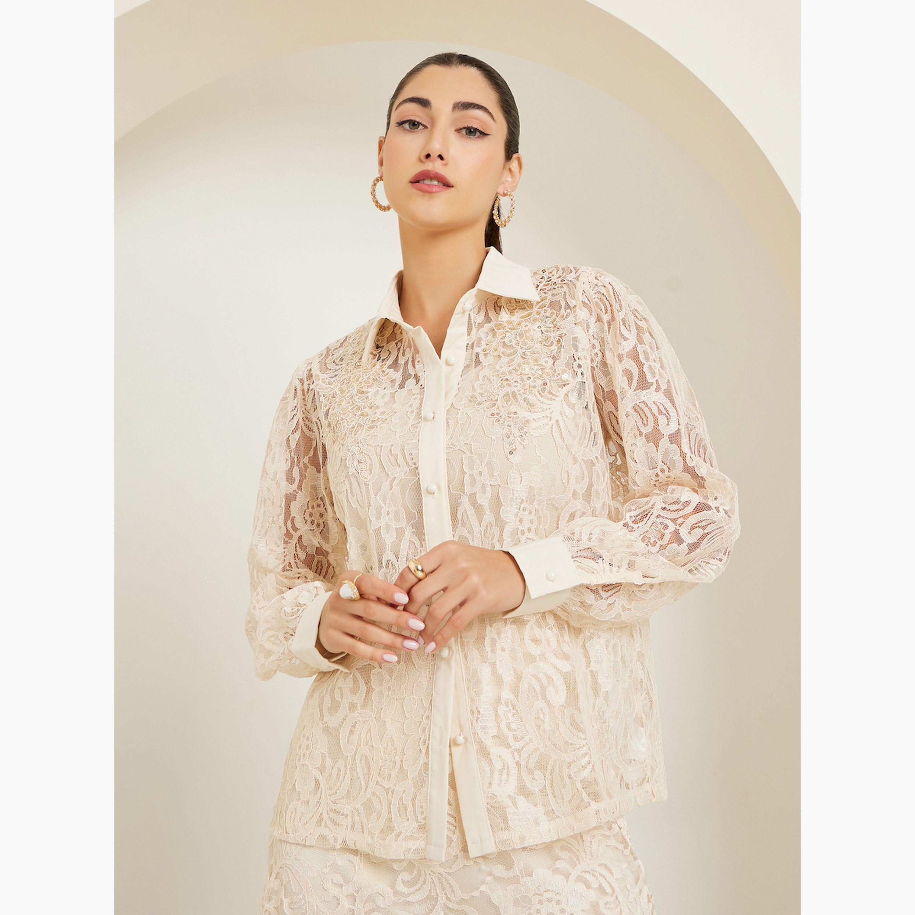 Styli Beige Lace Buttoned Embellished Shirt-women-clothing-shirtsandblouses-shirts-image-1