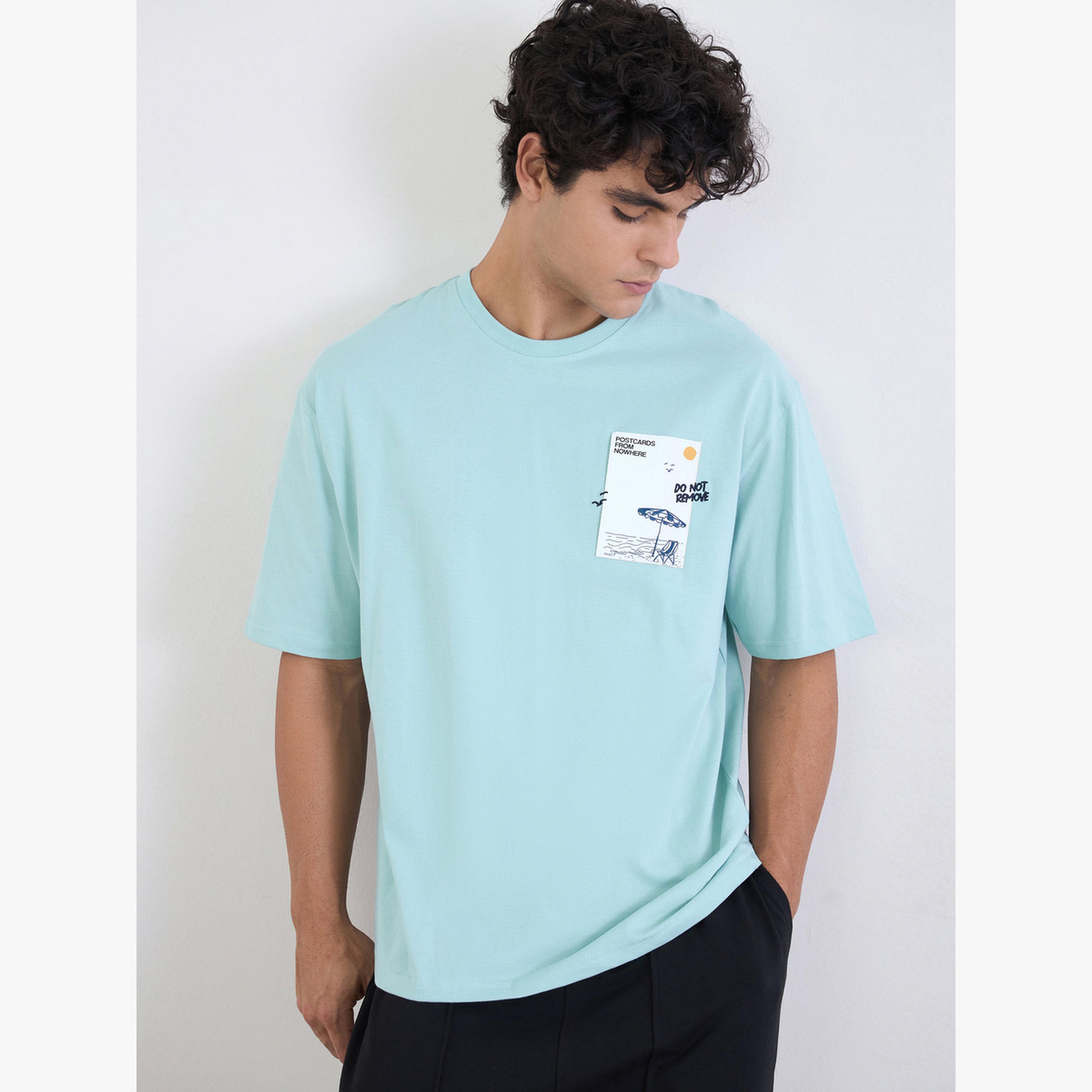 تيشيرت قطن كبير الحجم ومغسول بطبعة نص تويرل للرجال لون أزرق-men-clothing-tshirtsandpolos-tshirts-image-1