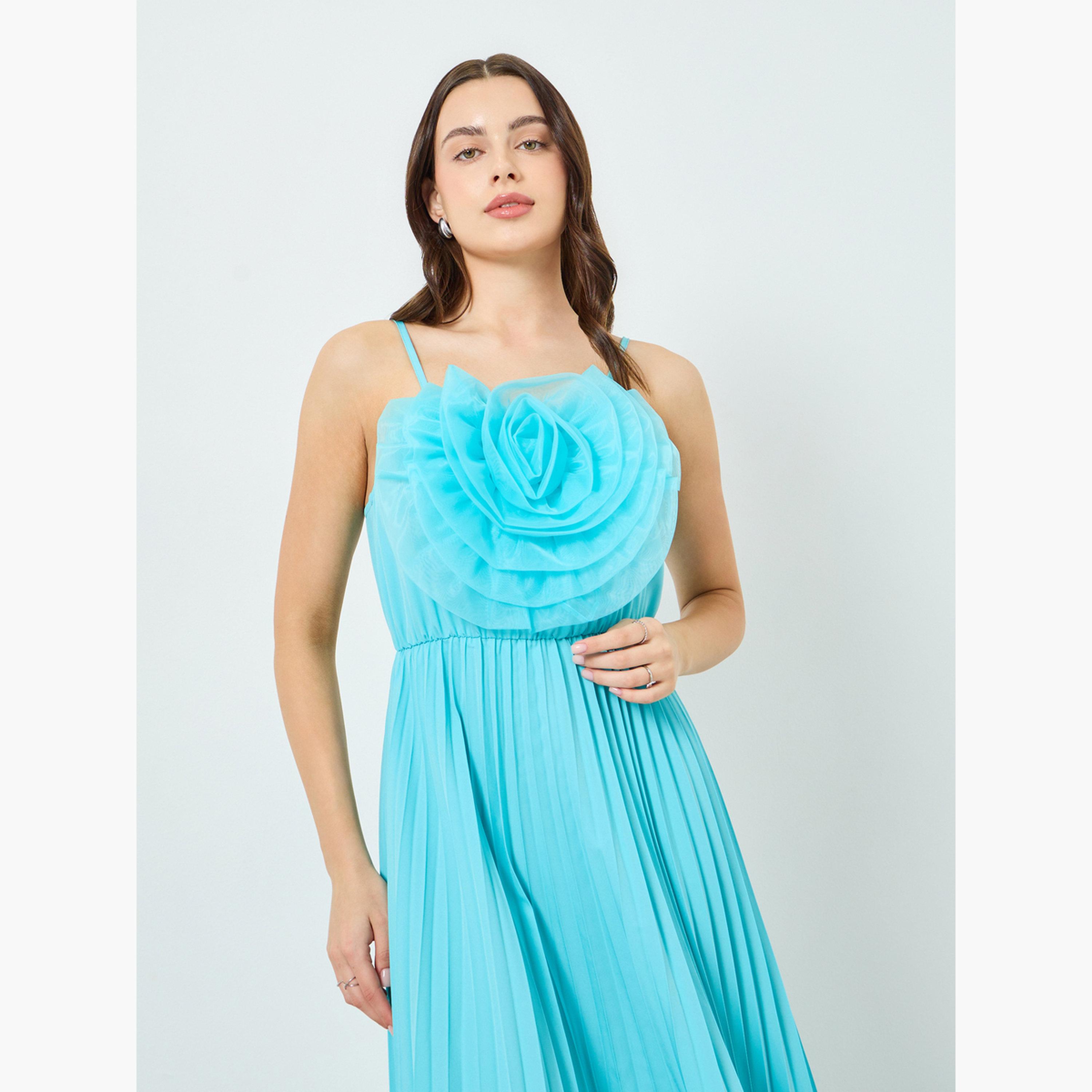 Take Two Women Teal Big Flower Detail Sleeveless Maxi Dress-women-clothing-dresses-image-2
