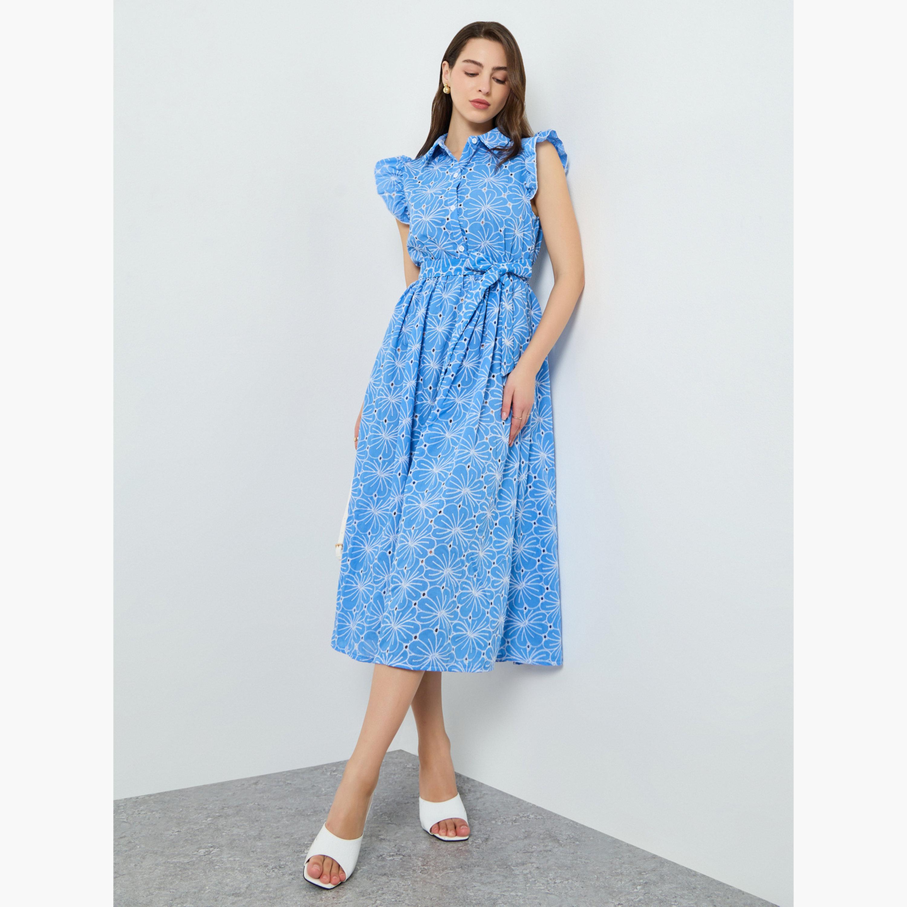 فستان ميدي بأكمام مكشكشة وطبعة أزهار للنساء-women-clothing-dresses-image-1