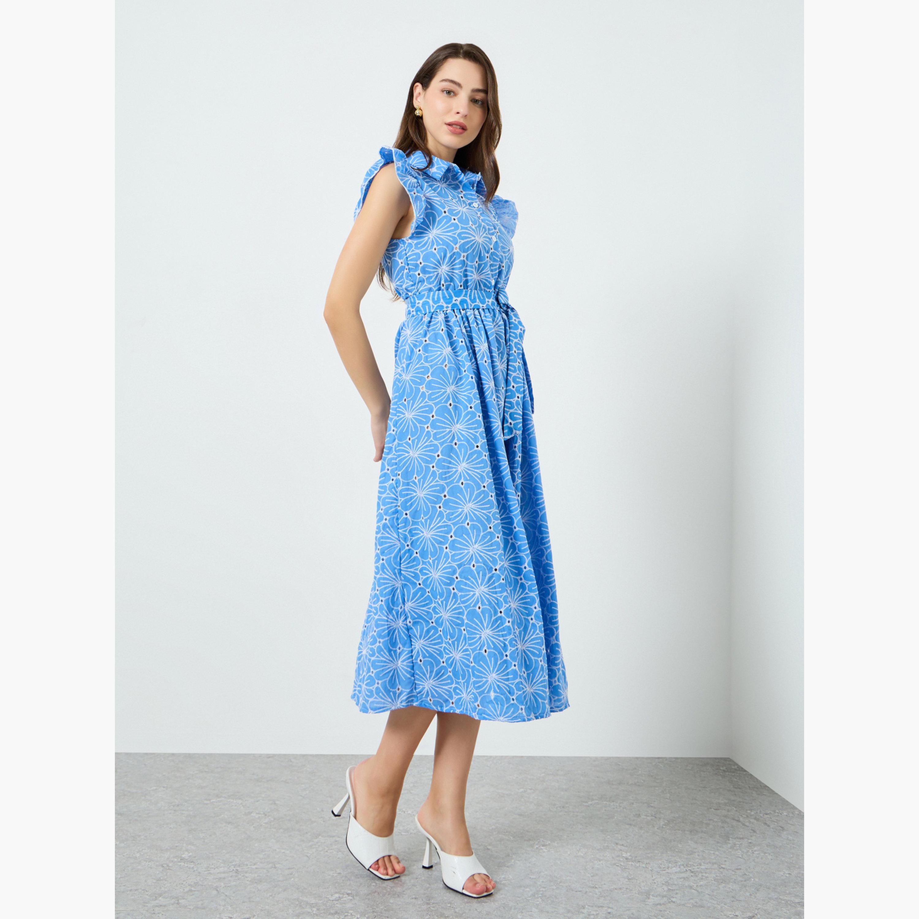 فستان ميدي بأكمام مكشكشة وطبعة أزهار للنساء-women-clothing-dresses-image-2