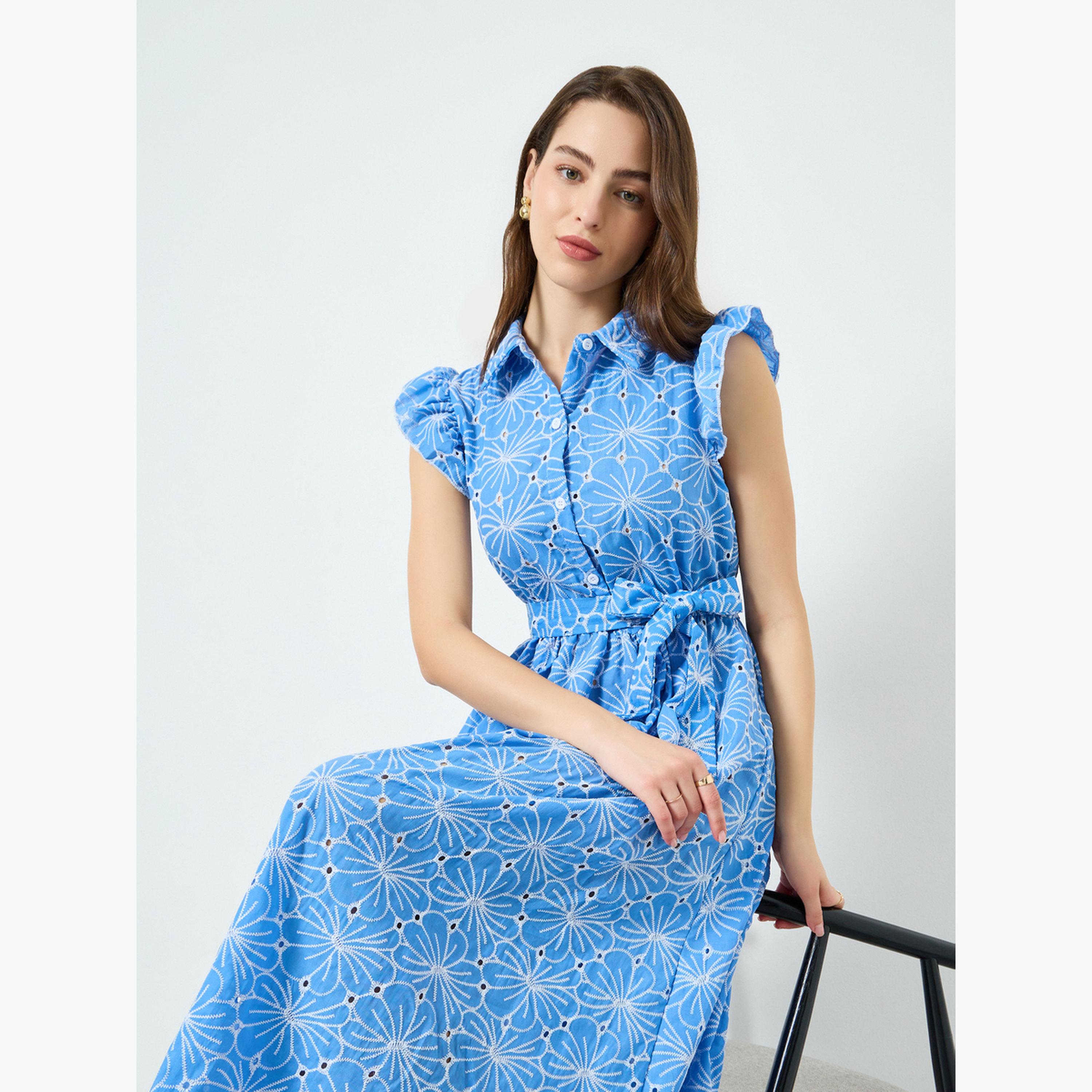 فستان ميدي بأكمام مكشكشة وطبعة أزهار للنساء-women-clothing-dresses-image-3