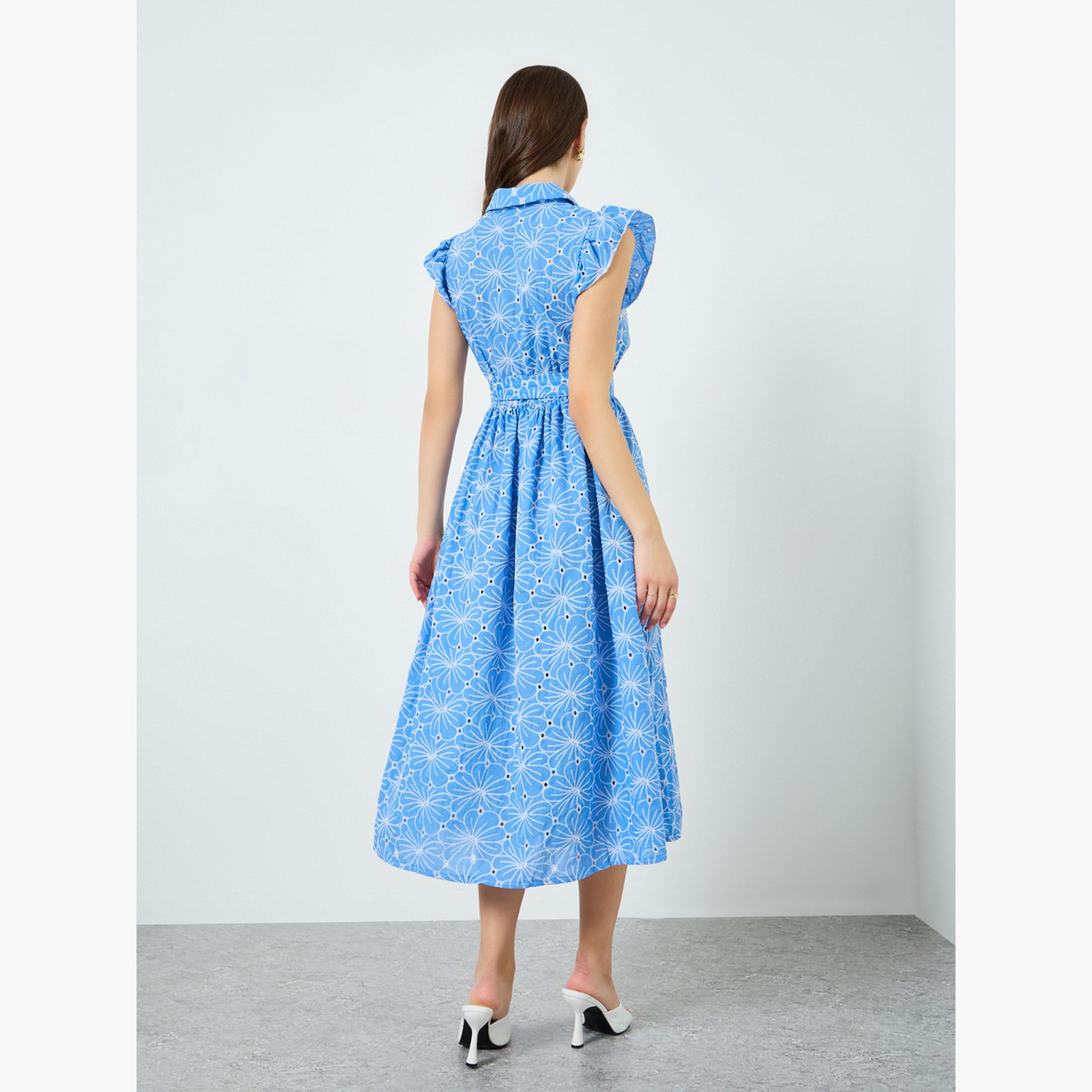 فستان ميدي بأكمام مكشكشة وطبعة أزهار للنساء-women-clothing-dresses-image-4