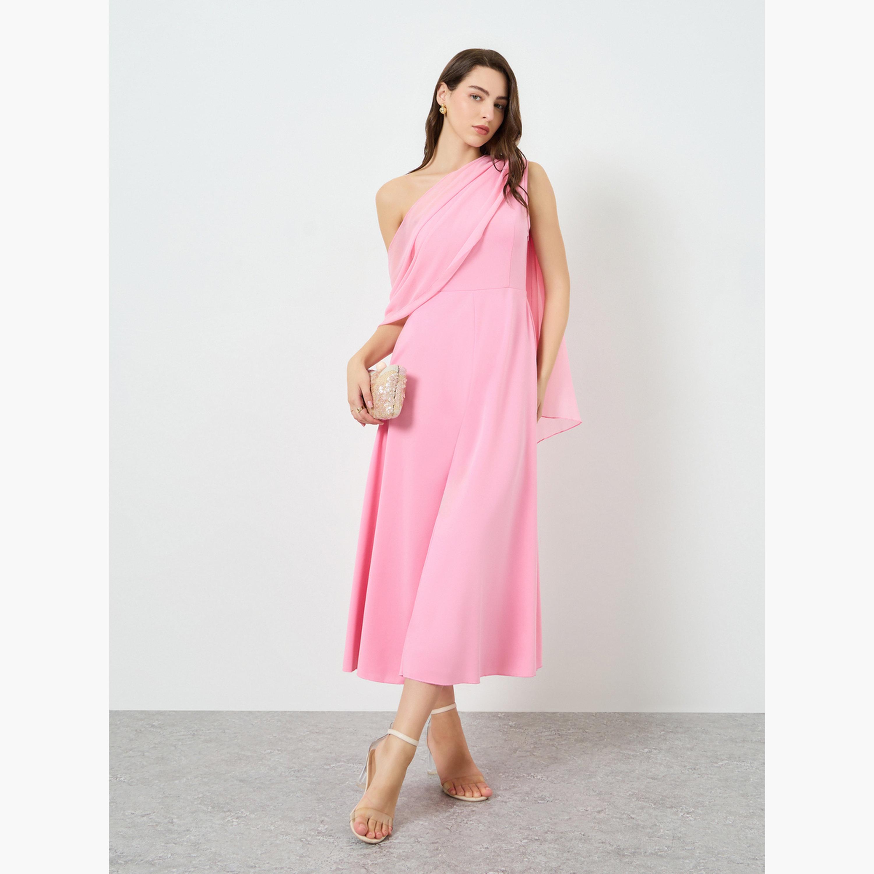 فستان ميدي بخصر محدد وأكمام كيب للنساء-women-clothing-dresses-image-1