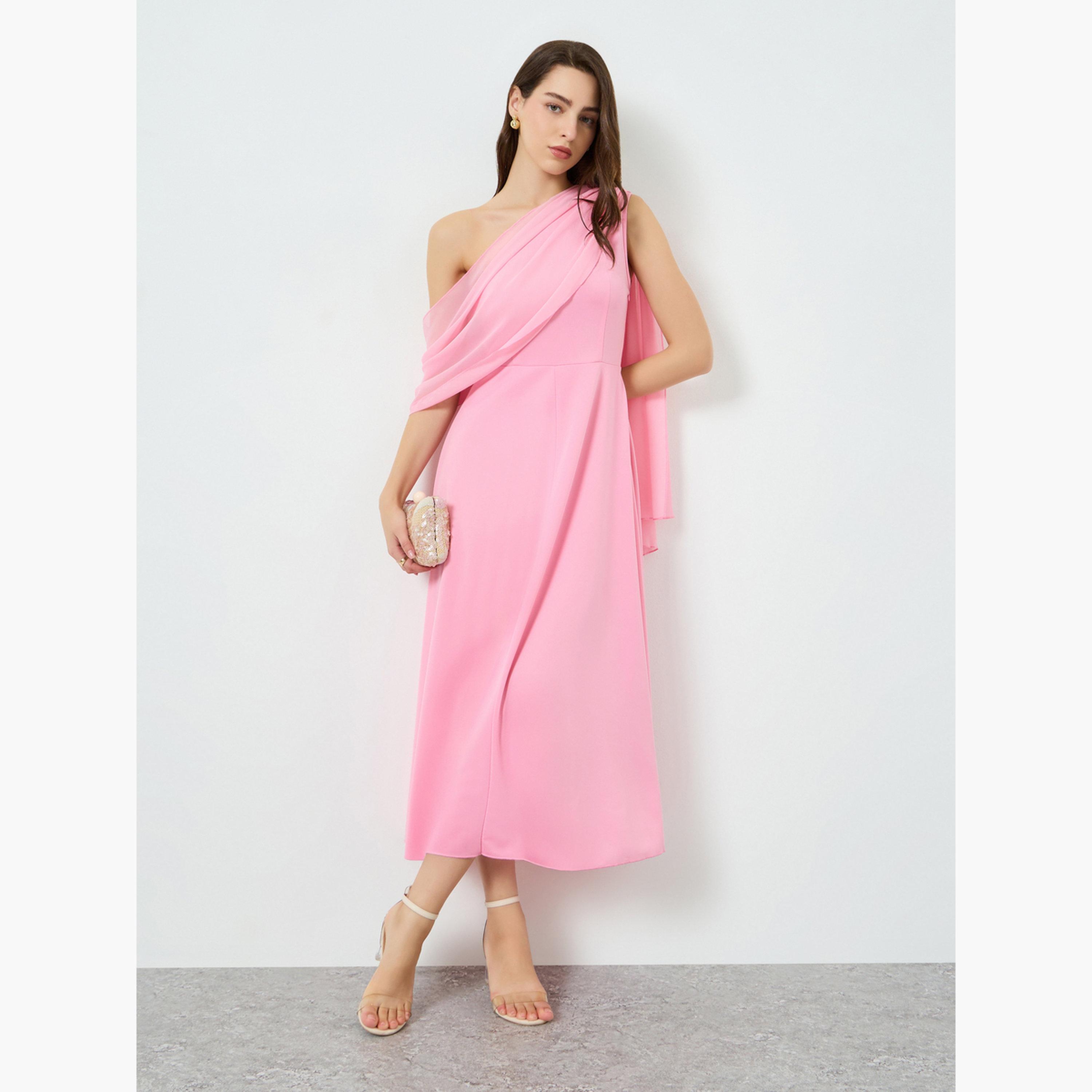 فستان ميدي بخصر محدد وأكمام كيب للنساء-women-clothing-dresses-image-3