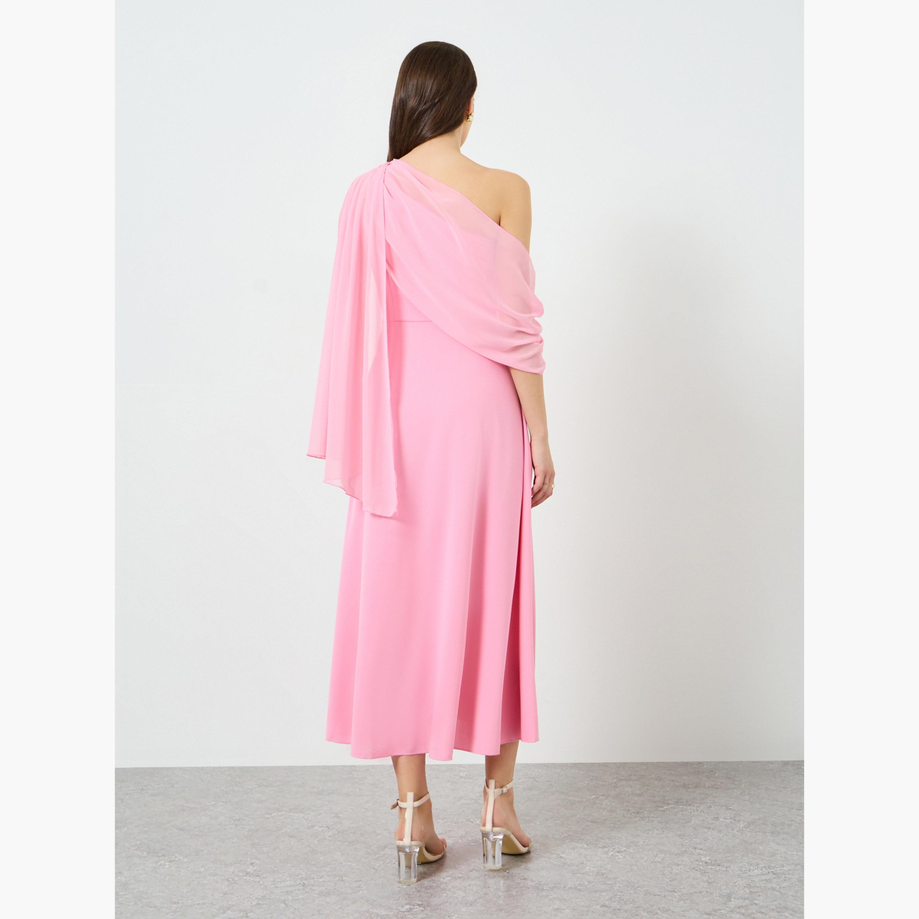 فستان ميدي بخصر محدد وأكمام كيب للنساء-women-clothing-dresses-image-4