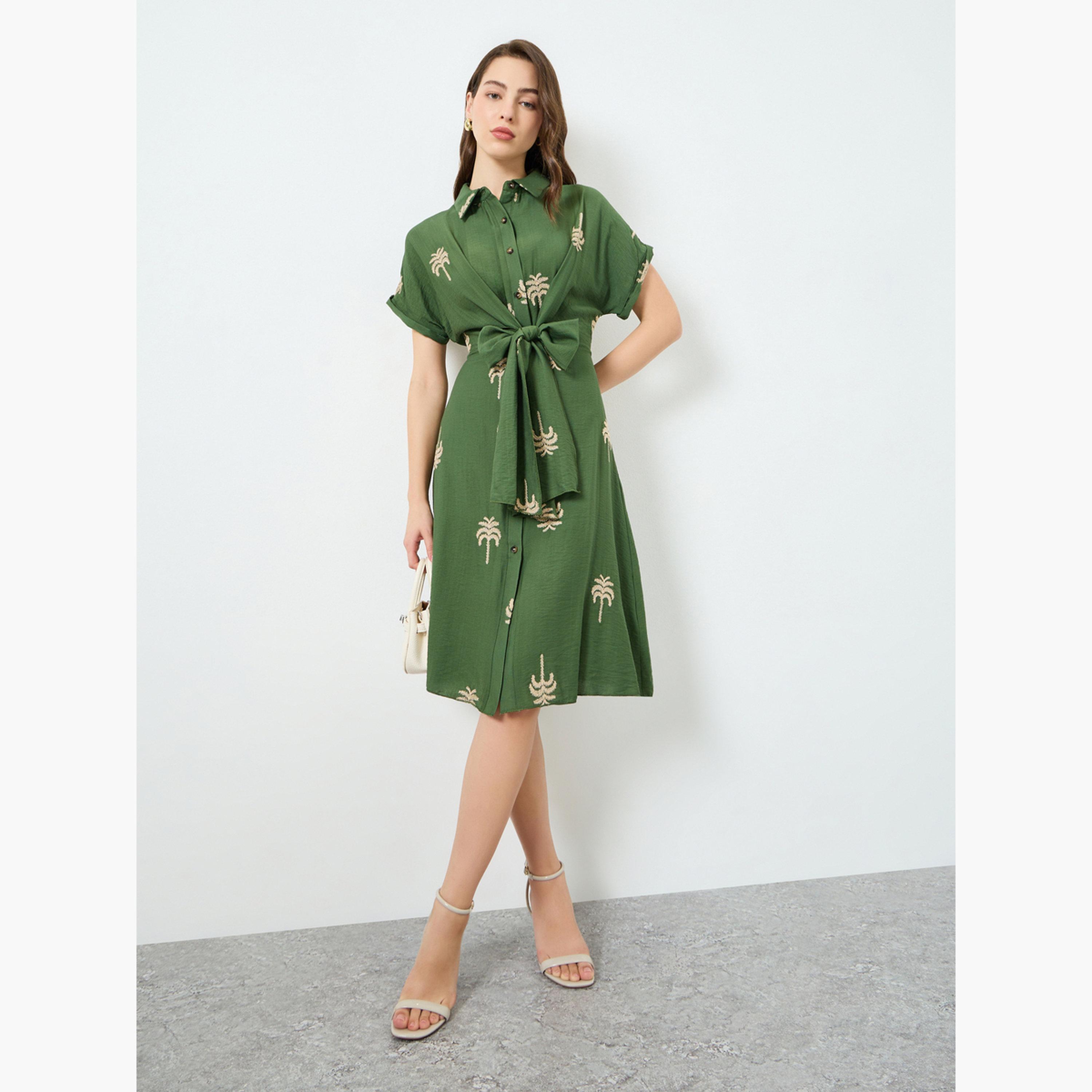 Take Two Women Green Embroidered Belted Knee-length Dress-women-clothing-dresses-image-1