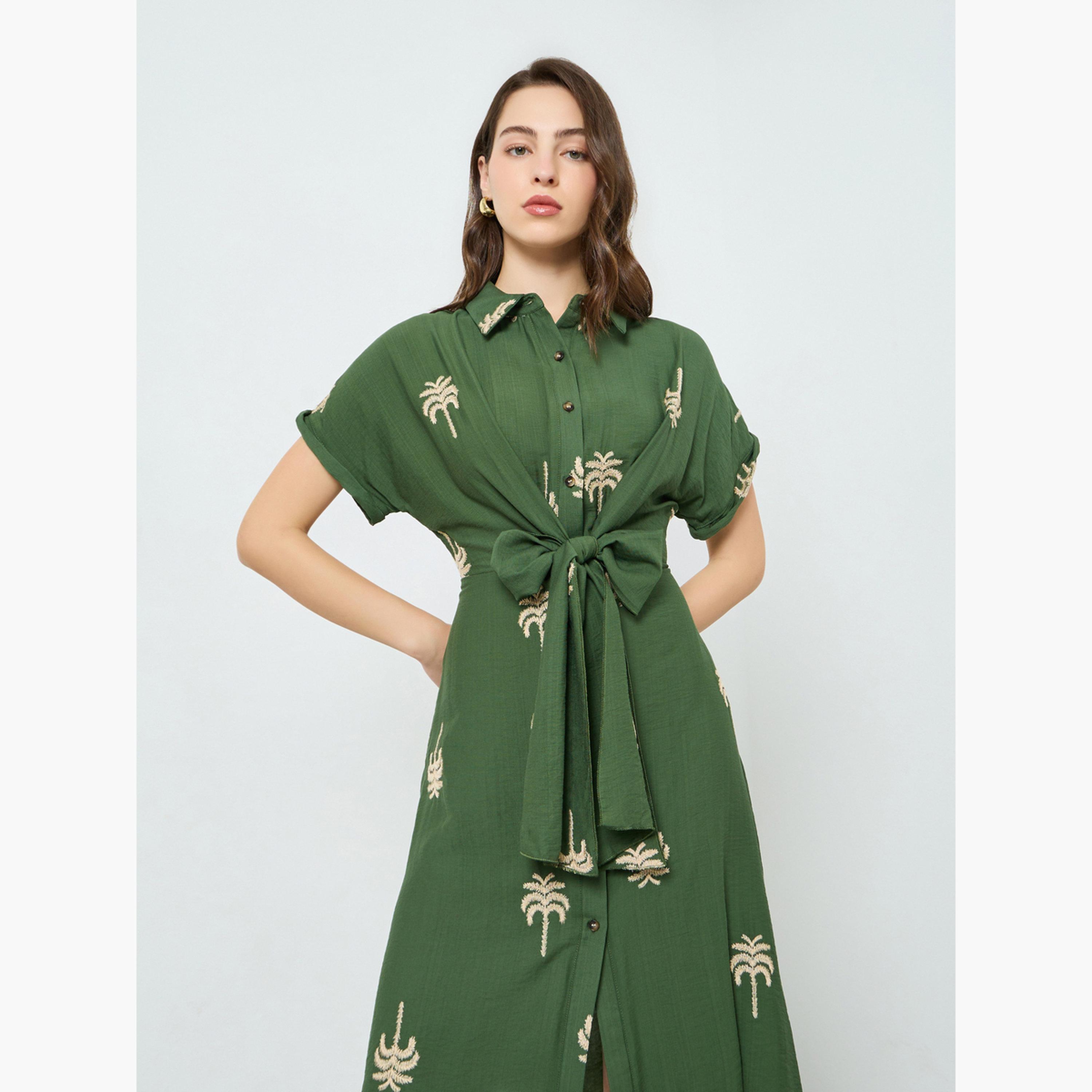 Take Two Women Green Embroidered Belted Knee-length Dress-women-clothing-dresses-image-2