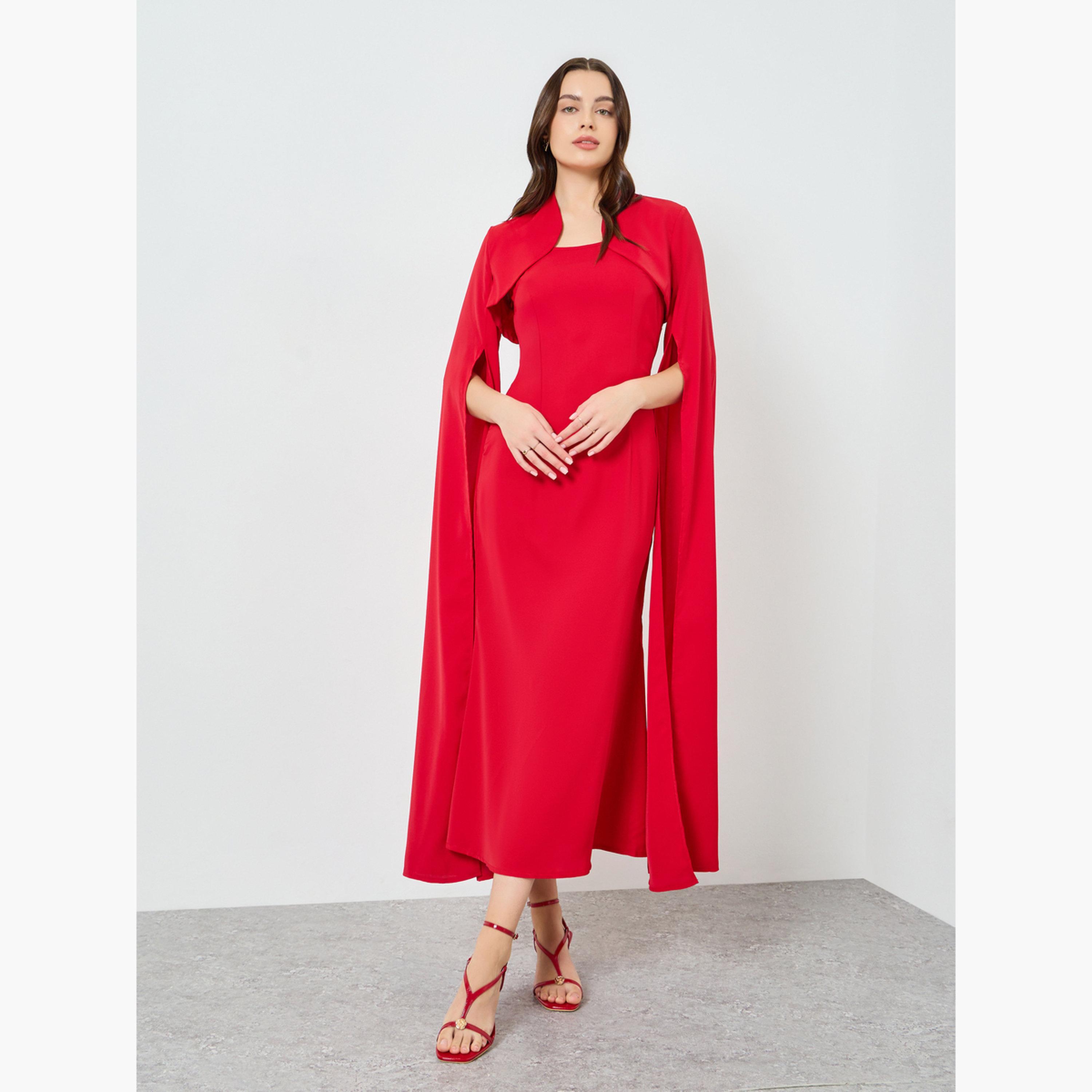 فستان طويل بخصر محدد وأكمام كيب مع فتحة للنساء-women-clothing-dresses-image-1