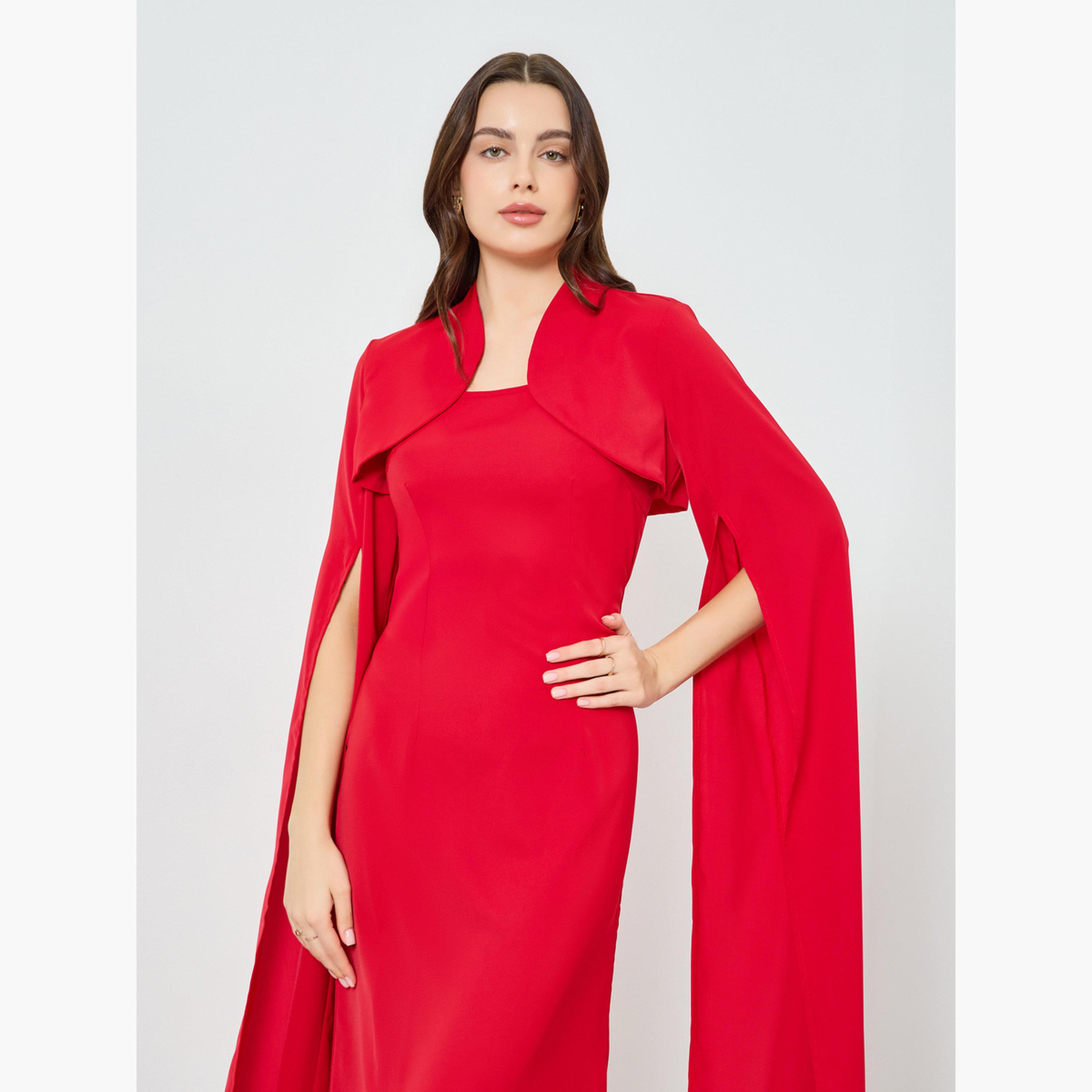 فستان طويل بخصر محدد وأكمام كيب مع فتحة للنساء-women-clothing-dresses-image-2