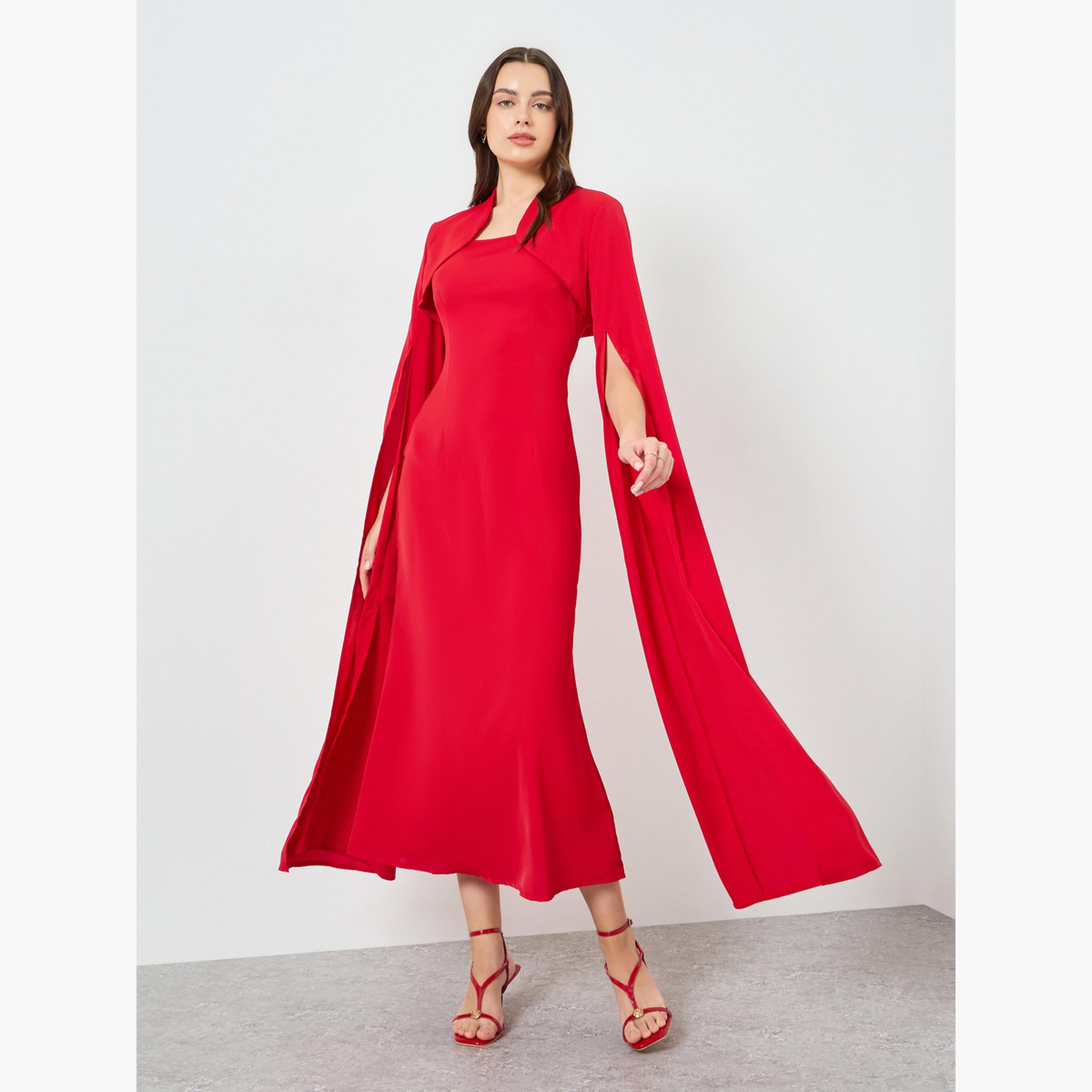 فستان طويل بخصر محدد وأكمام كيب مع فتحة للنساء-women-clothing-dresses-image-3