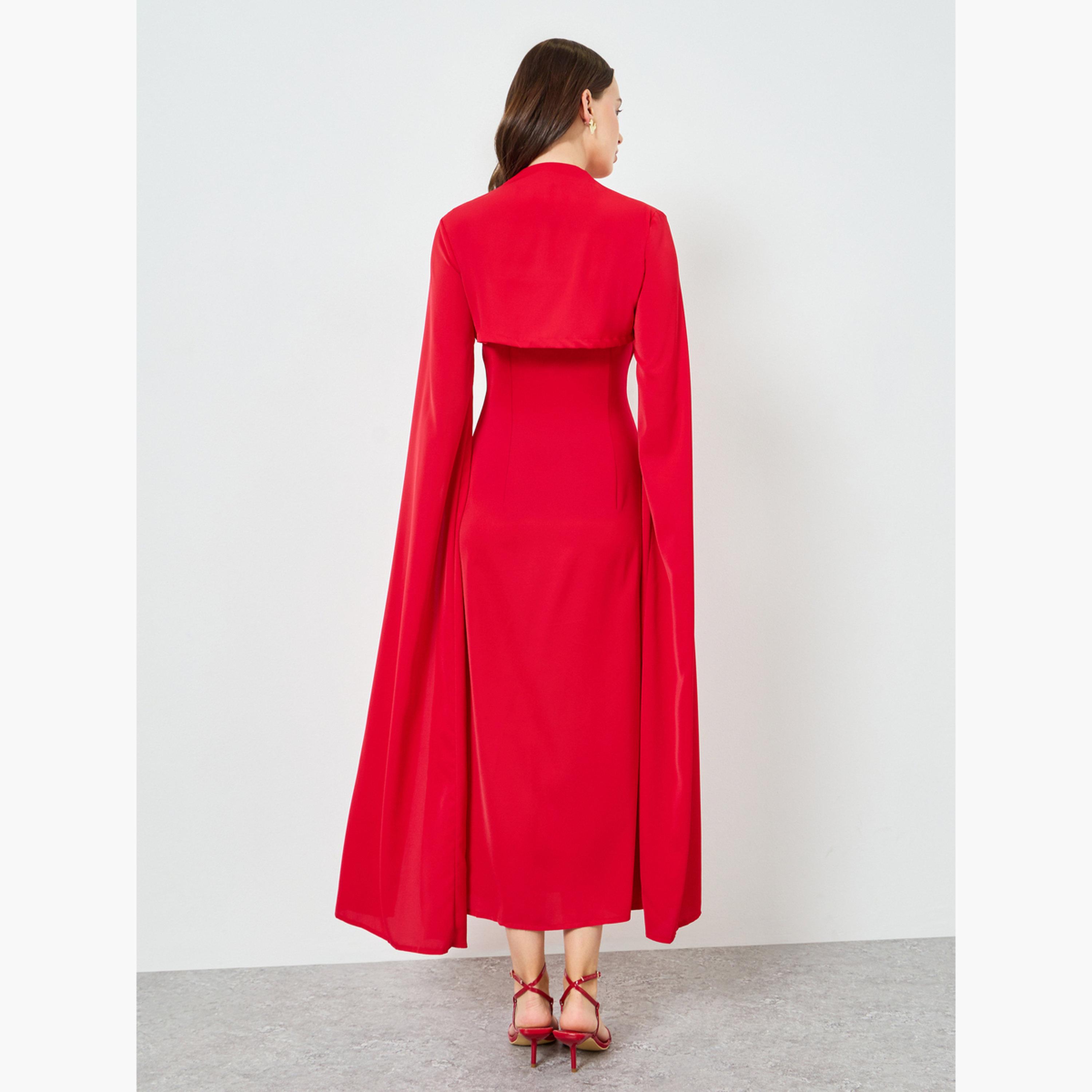 فستان طويل بخصر محدد وأكمام كيب مع فتحة للنساء-women-clothing-dresses-image-4