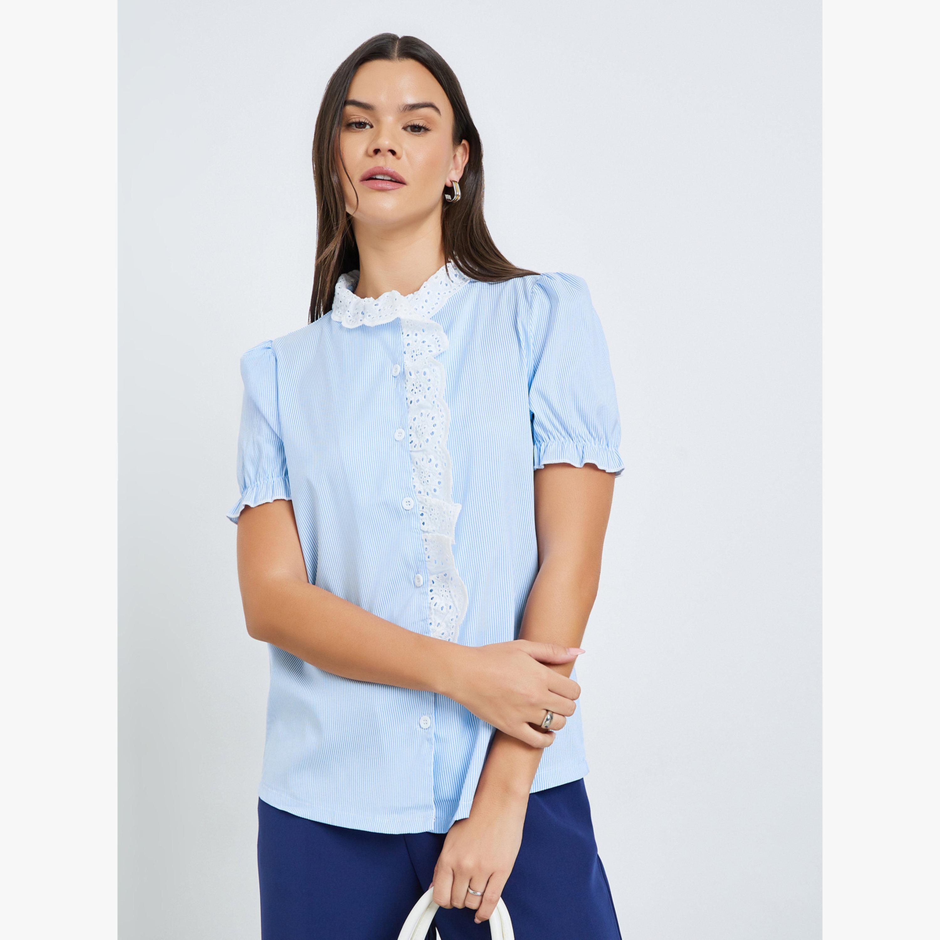 Take Two Light Blue Striped Ruffle Lace Trim Top-women-clothing-shirtsandblouses-blouses-image-1