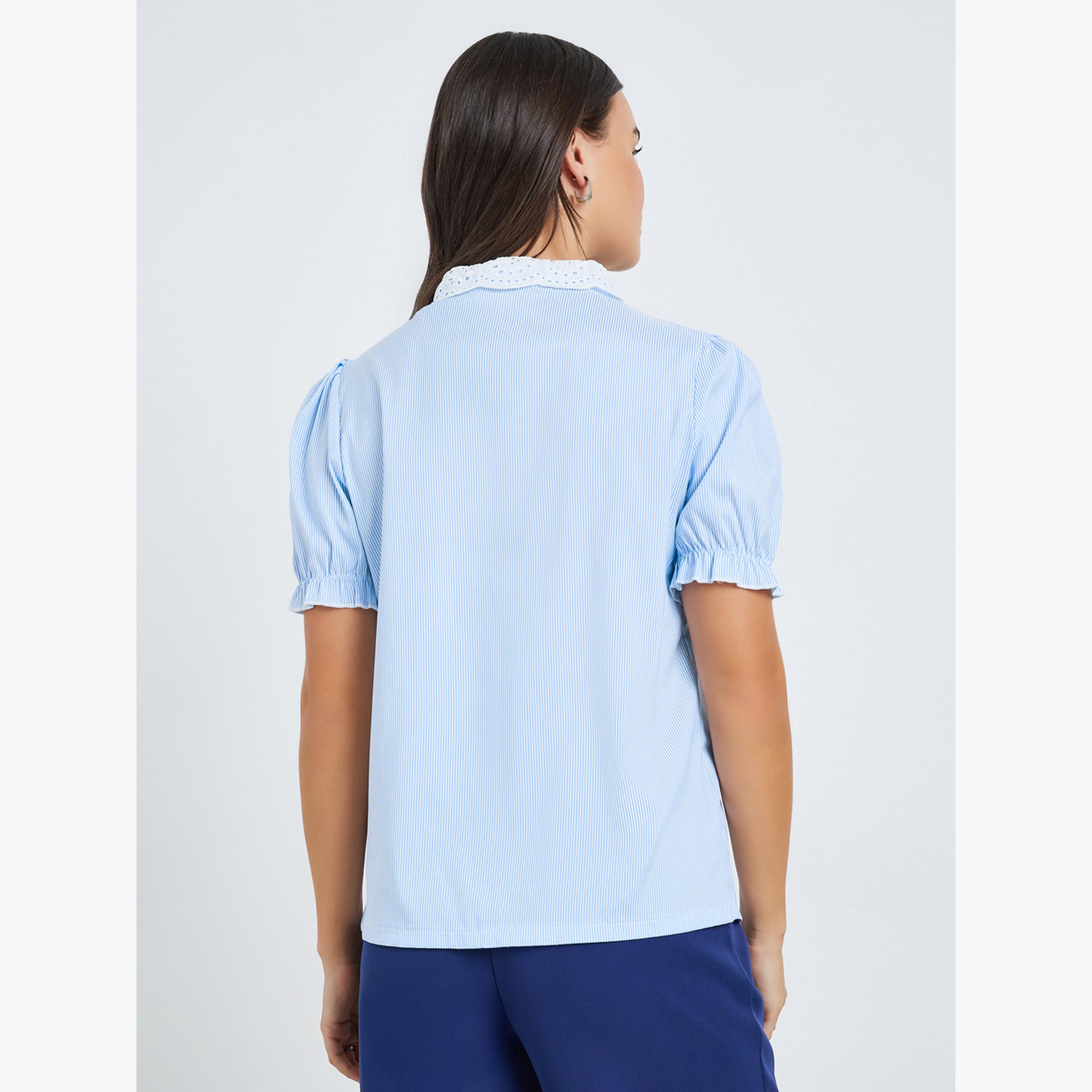 Take Two Light Blue Striped Ruffle Lace Trim Top-women-clothing-shirtsandblouses-blouses-image-3