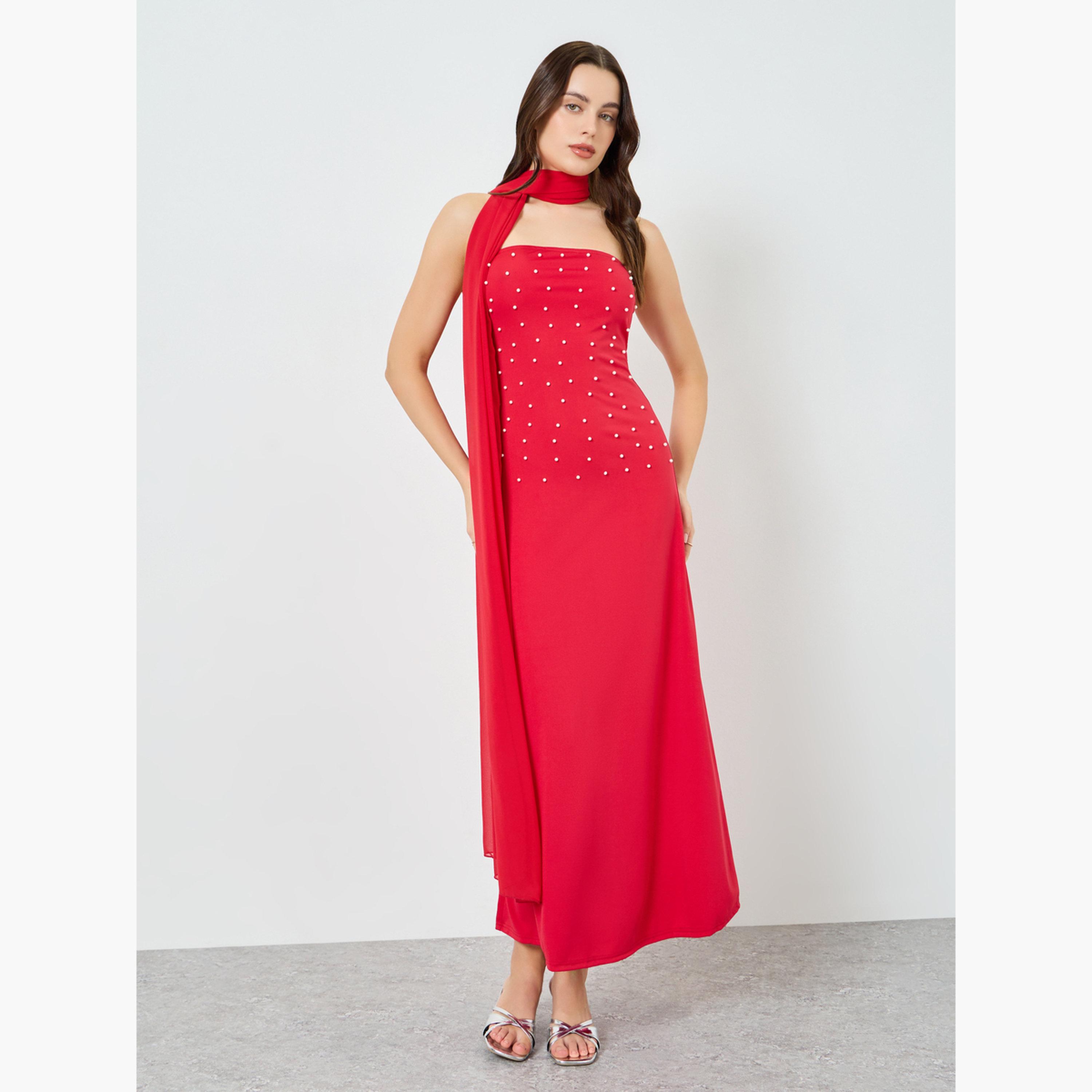 فستان طويل ضيق مزين بآلئ صناعية مع شال للنساء-women-clothing-dresses-image-1