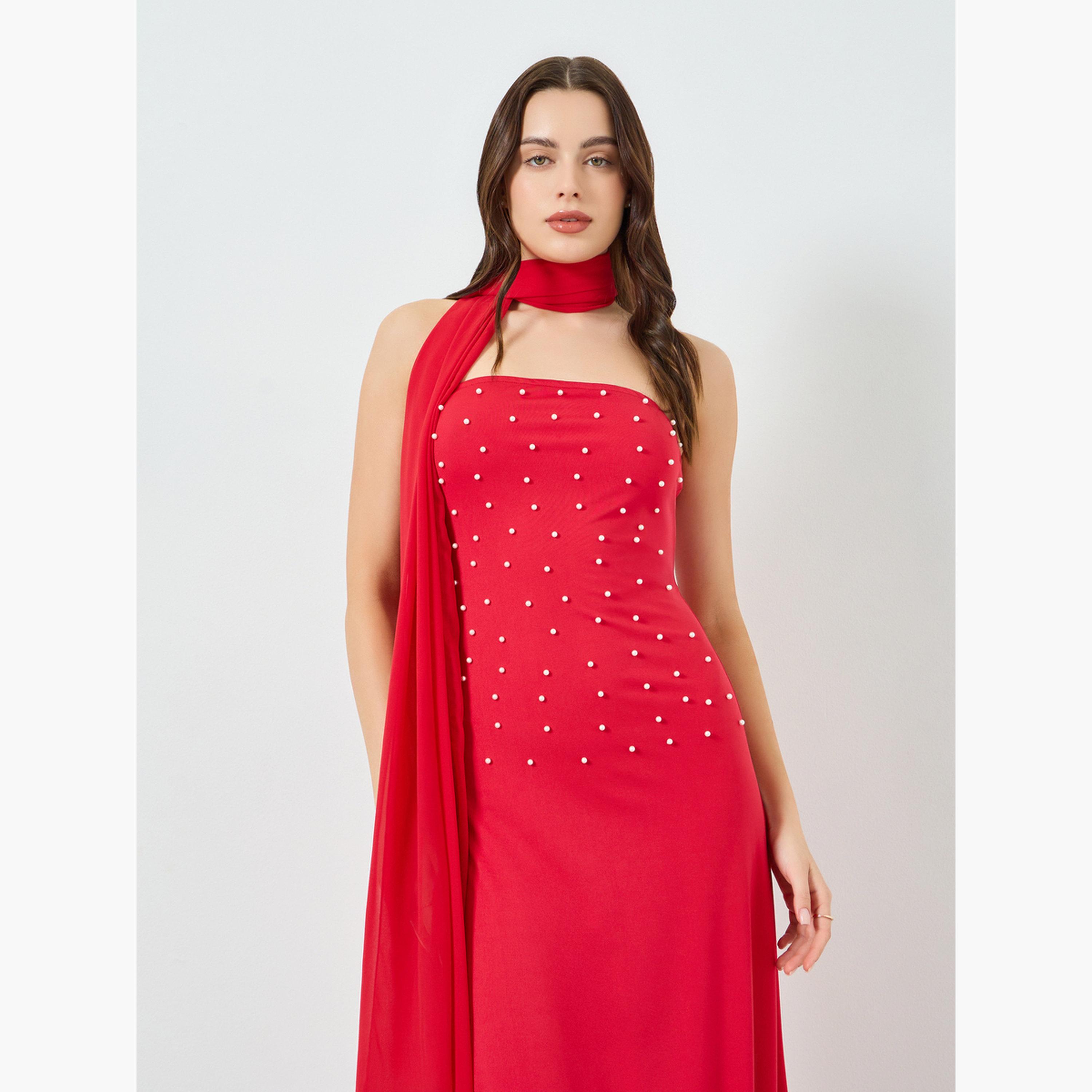 فستان طويل ضيق مزين بآلئ صناعية مع شال للنساء-women-clothing-dresses-image-2