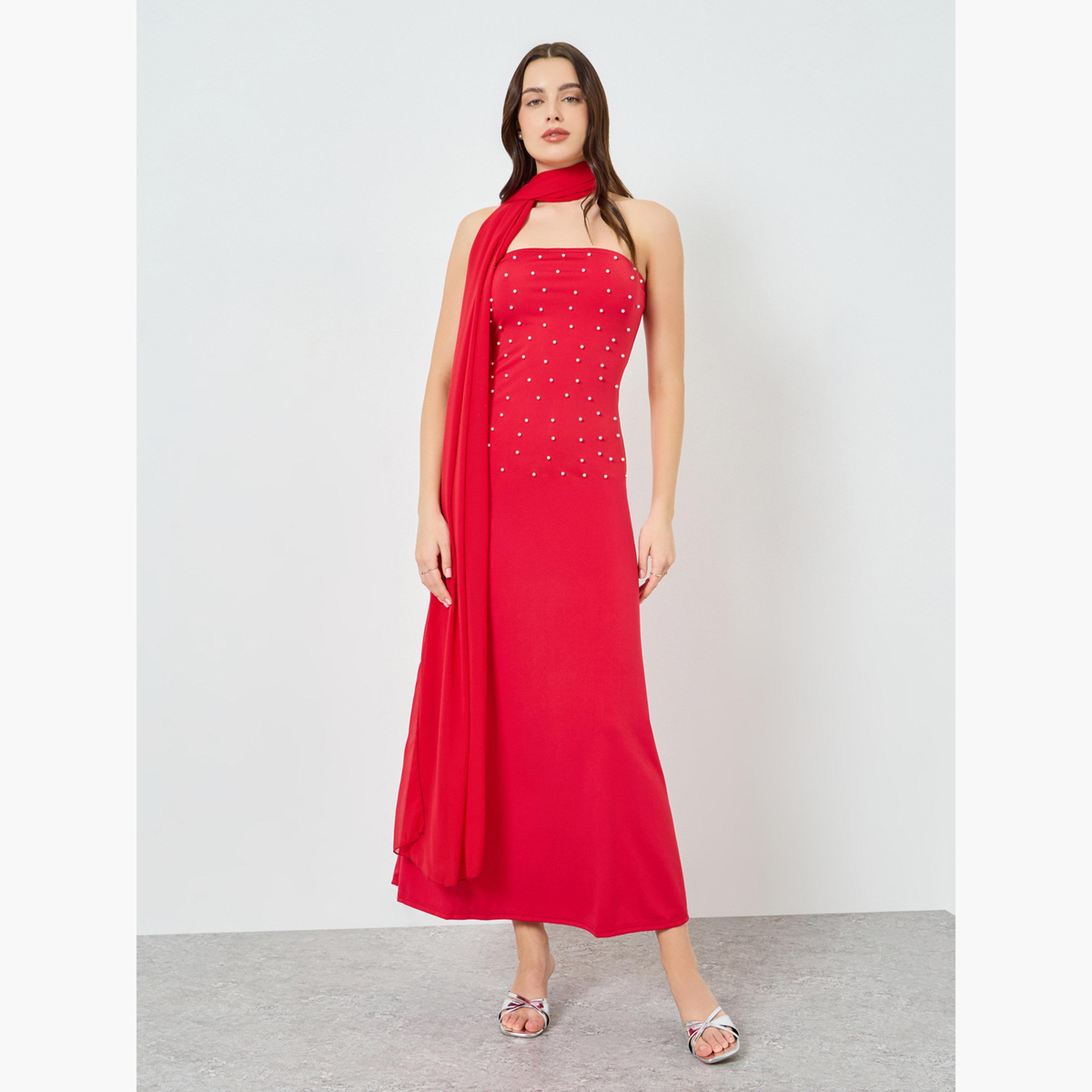 فستان طويل ضيق مزين بآلئ صناعية مع شال للنساء-women-clothing-dresses-image-3
