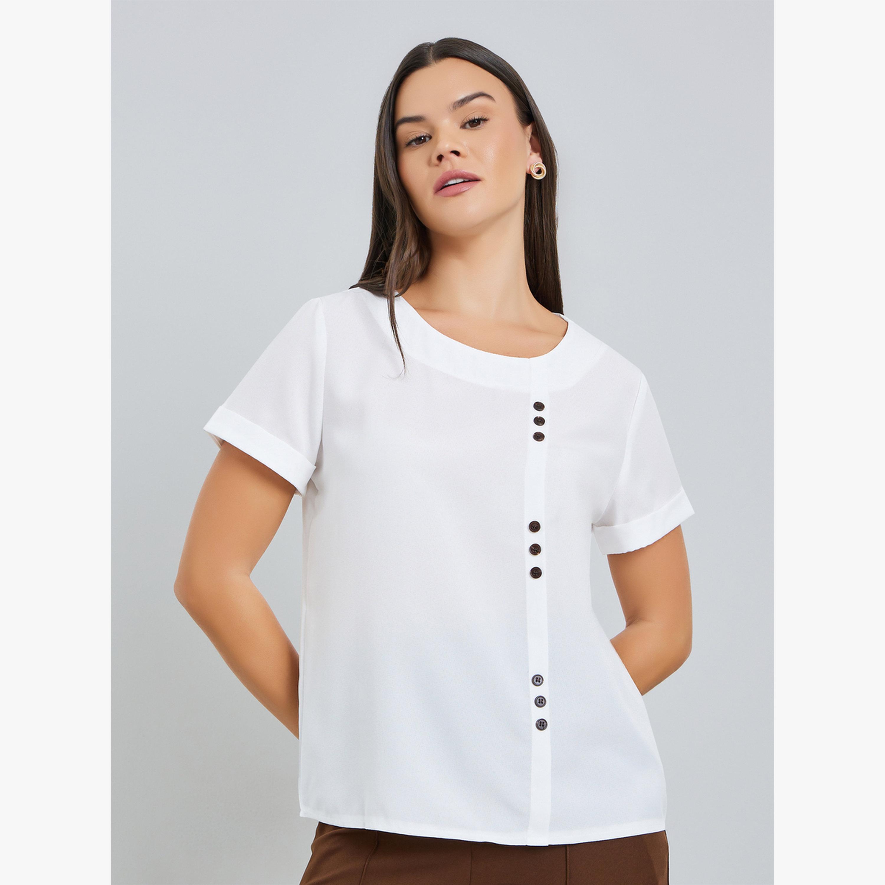 بلوزة بأكمام قصيرة وتفاصيل أزرار-women-clothing-shirtsandblouses-blouses-image-1