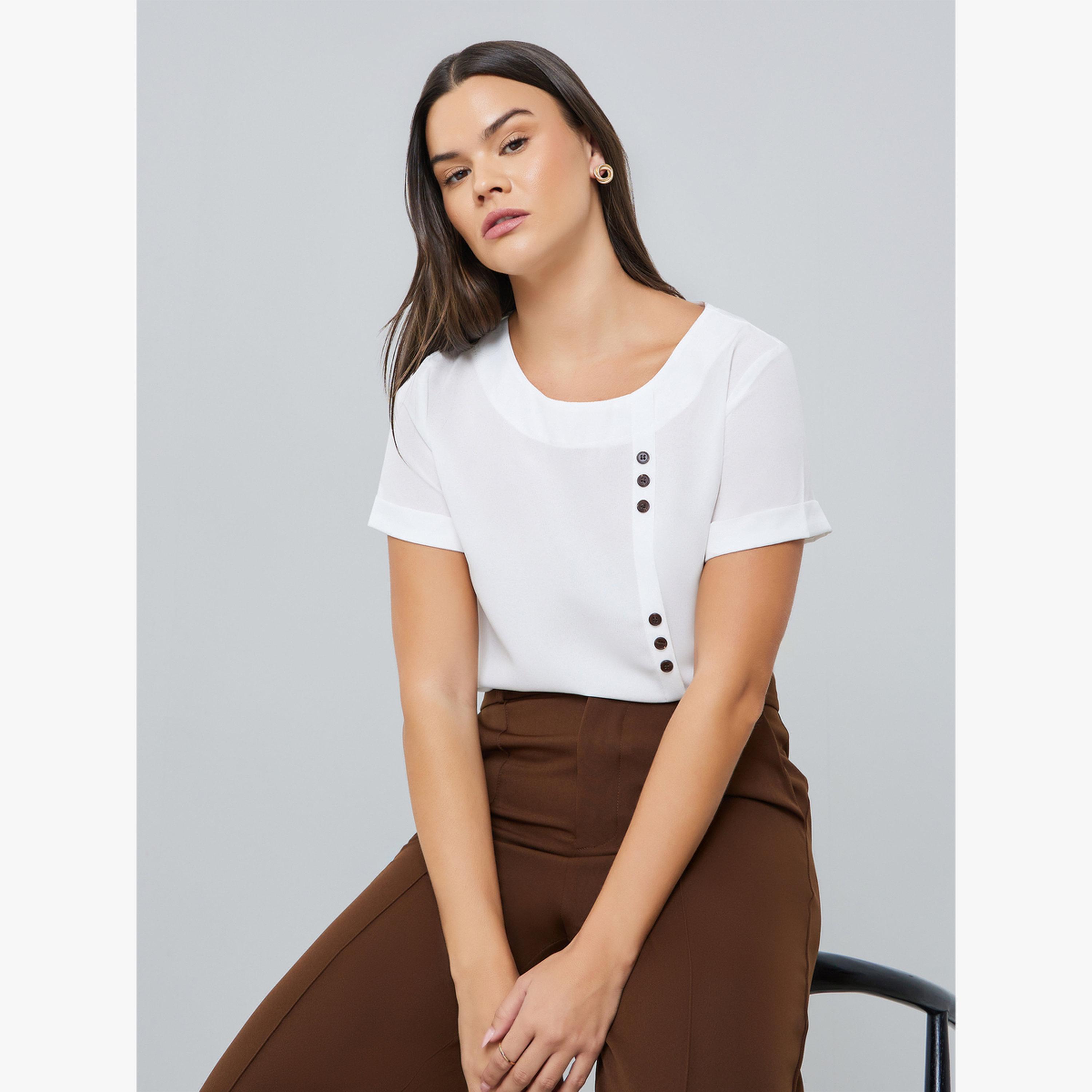 Take Two White Short Sleeve Top with Button Detail-women-clothing-shirtsandblouses-blouses-image-3