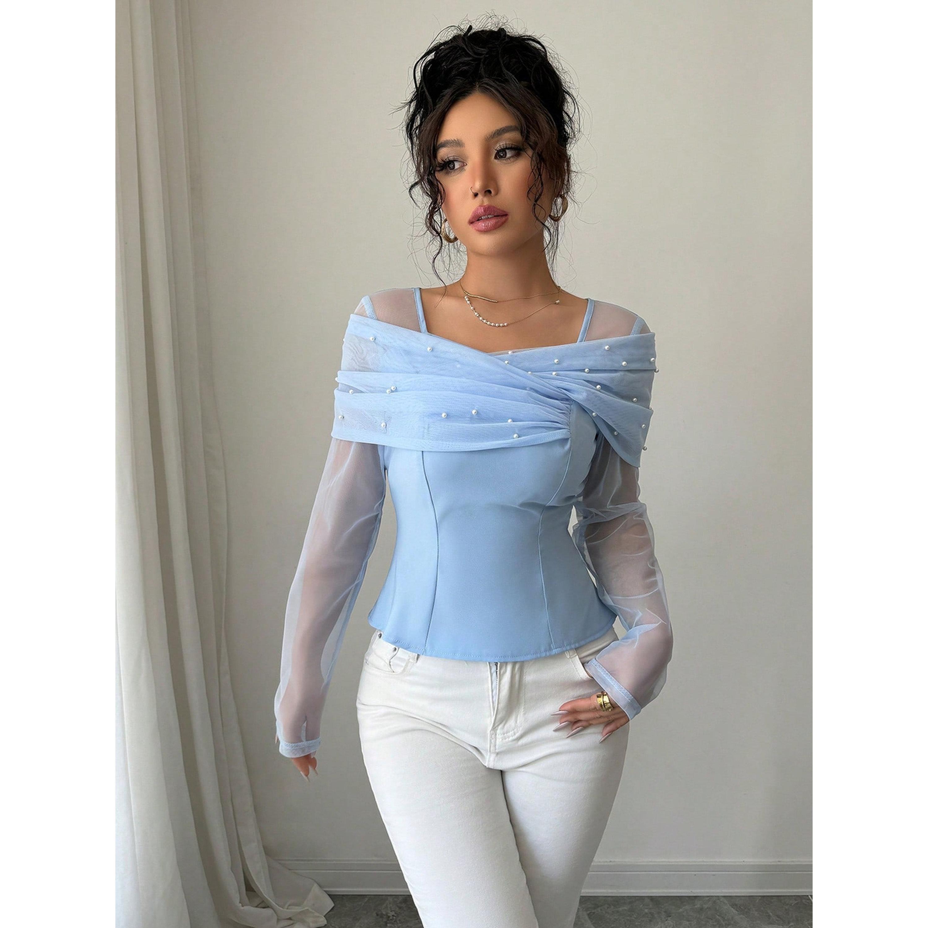 بلوزة مش بياقة مربعة ومنمقة بلؤلؤ اصطناعي-women-clothing-shirtsandblouses-blouses-image-1