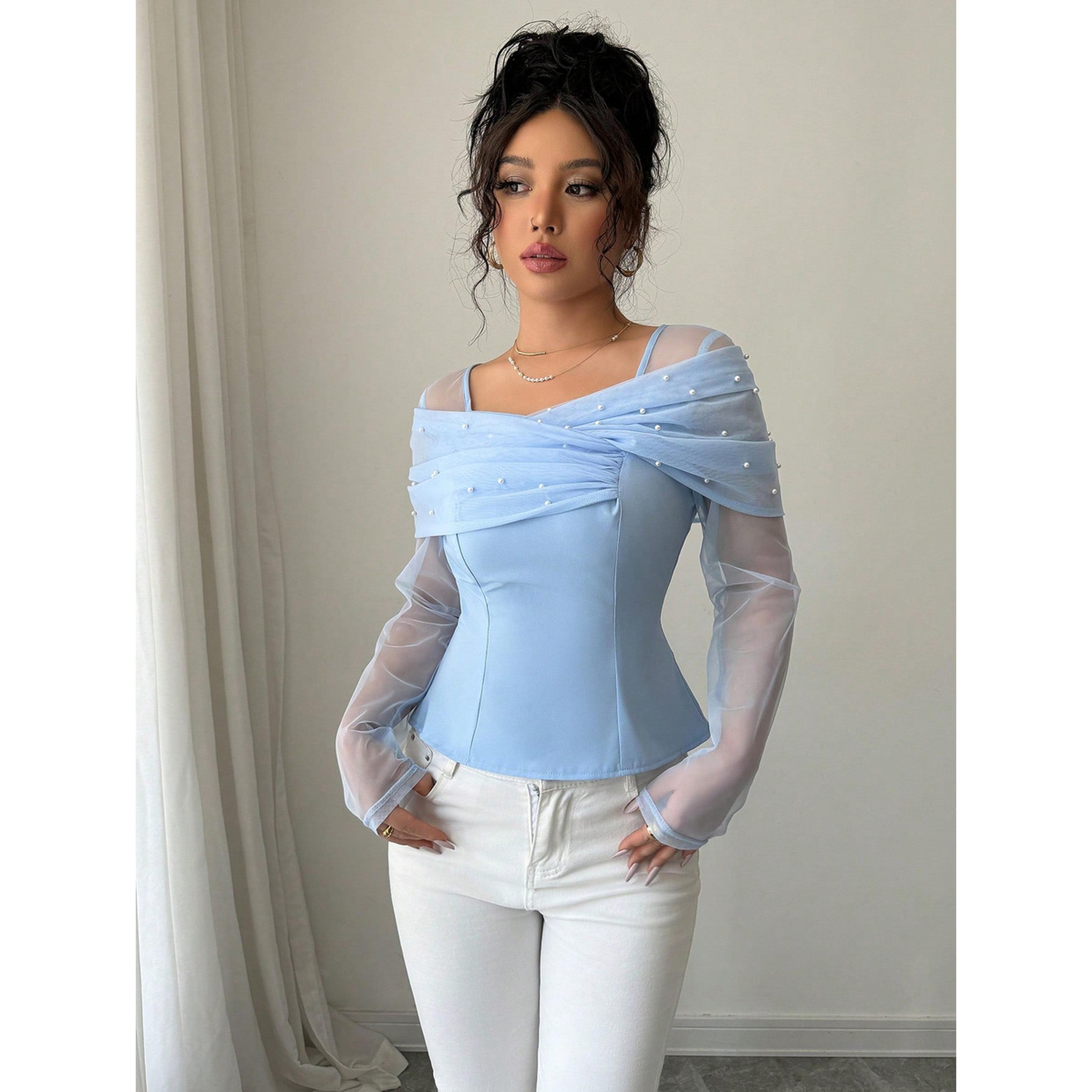 بلوزة مش بياقة مربعة ومنمقة بلؤلؤ اصطناعي-women-clothing-shirtsandblouses-blouses-image-2