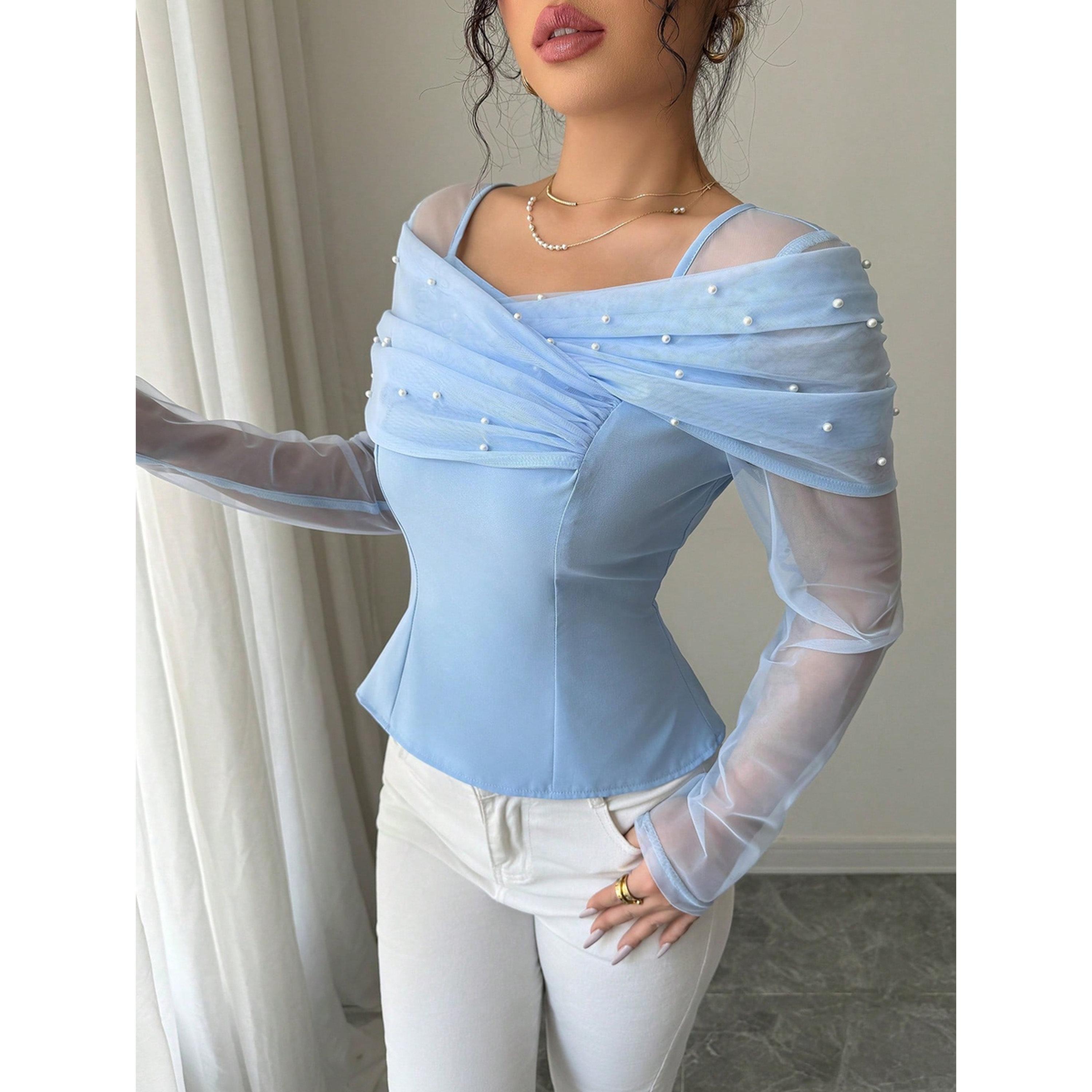 بلوزة مش بياقة مربعة ومنمقة بلؤلؤ اصطناعي-women-clothing-shirtsandblouses-blouses-image-3