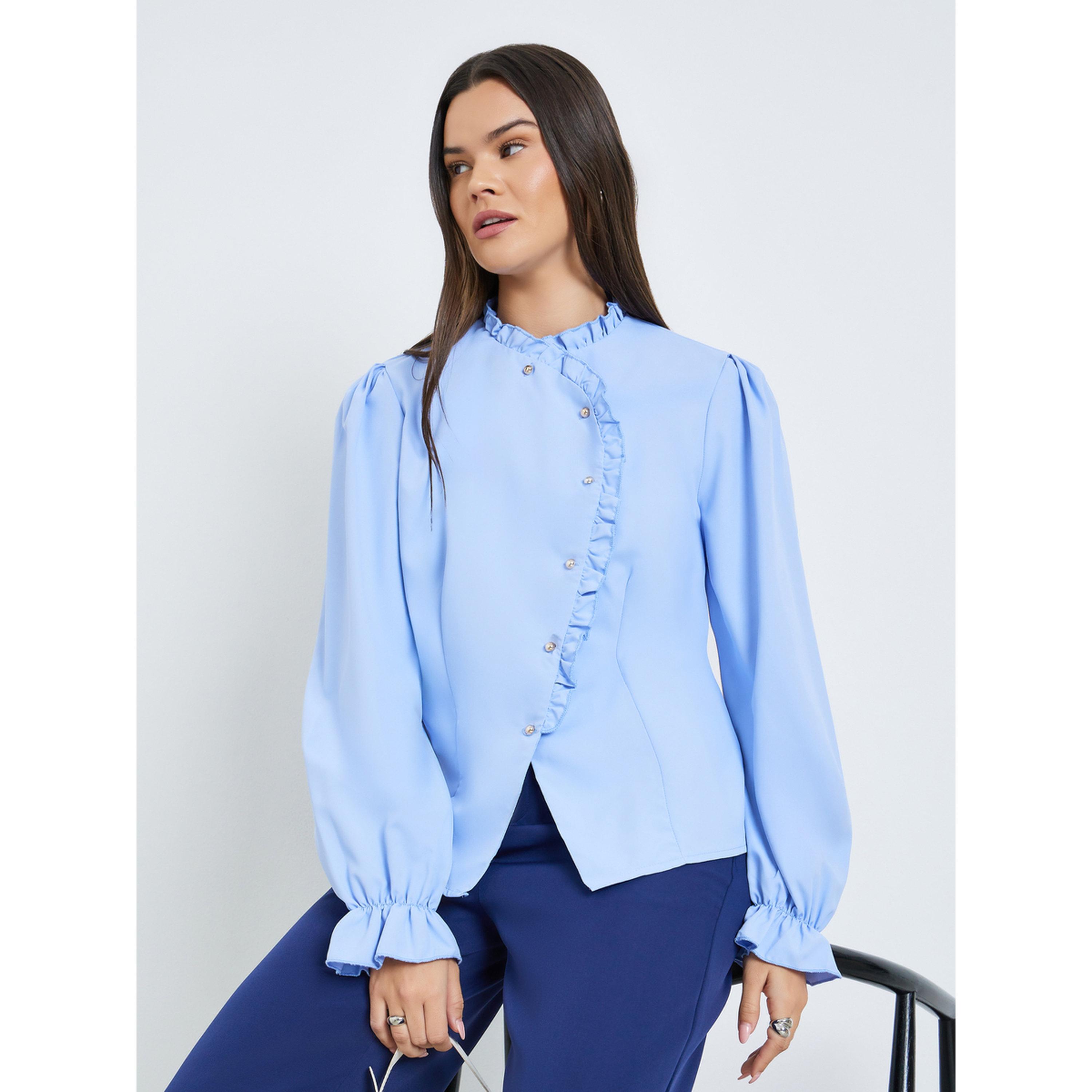 Take Two Women Solid Ruffled Neck Button Front Top-women-clothing-shirtsandblouses-blouses-image-3