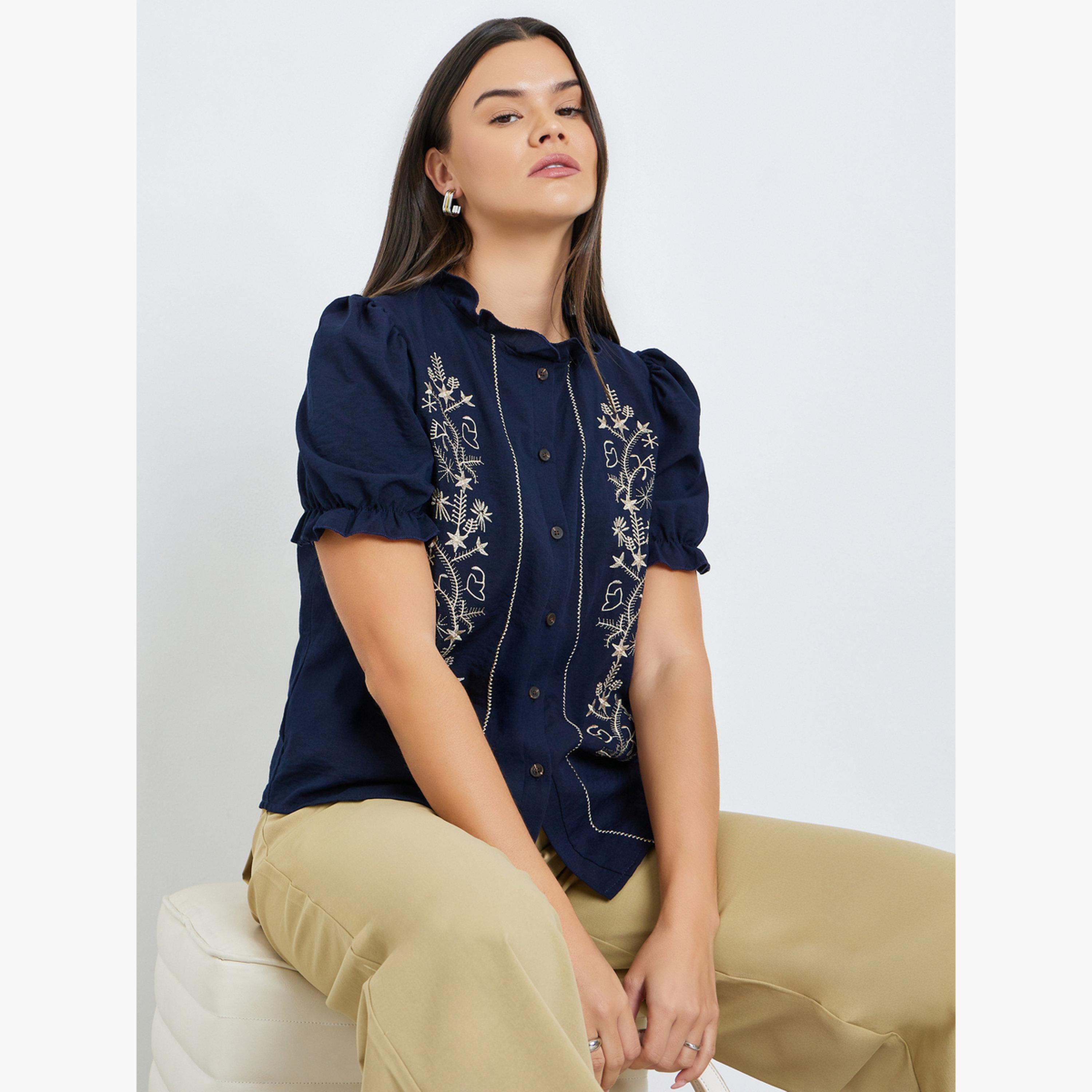 Take Two Navy Blue Embroidery Short Sleeve Top-women-clothing-shirtsandblouses-blouses-image-3