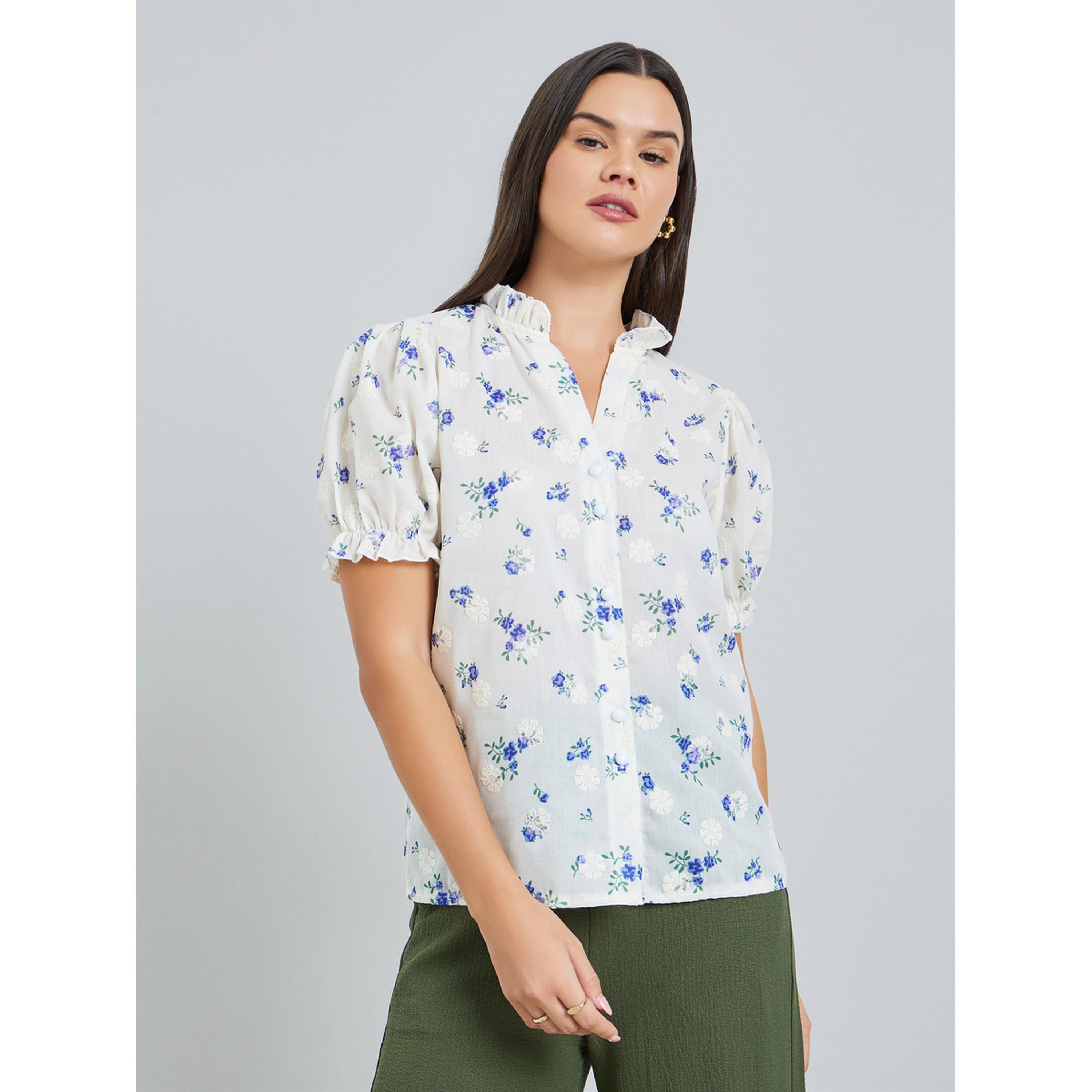 بلوزة بياقة مكشكشة وطبعة زهور-women-clothing-shirtsandblouses-blouses-image-1