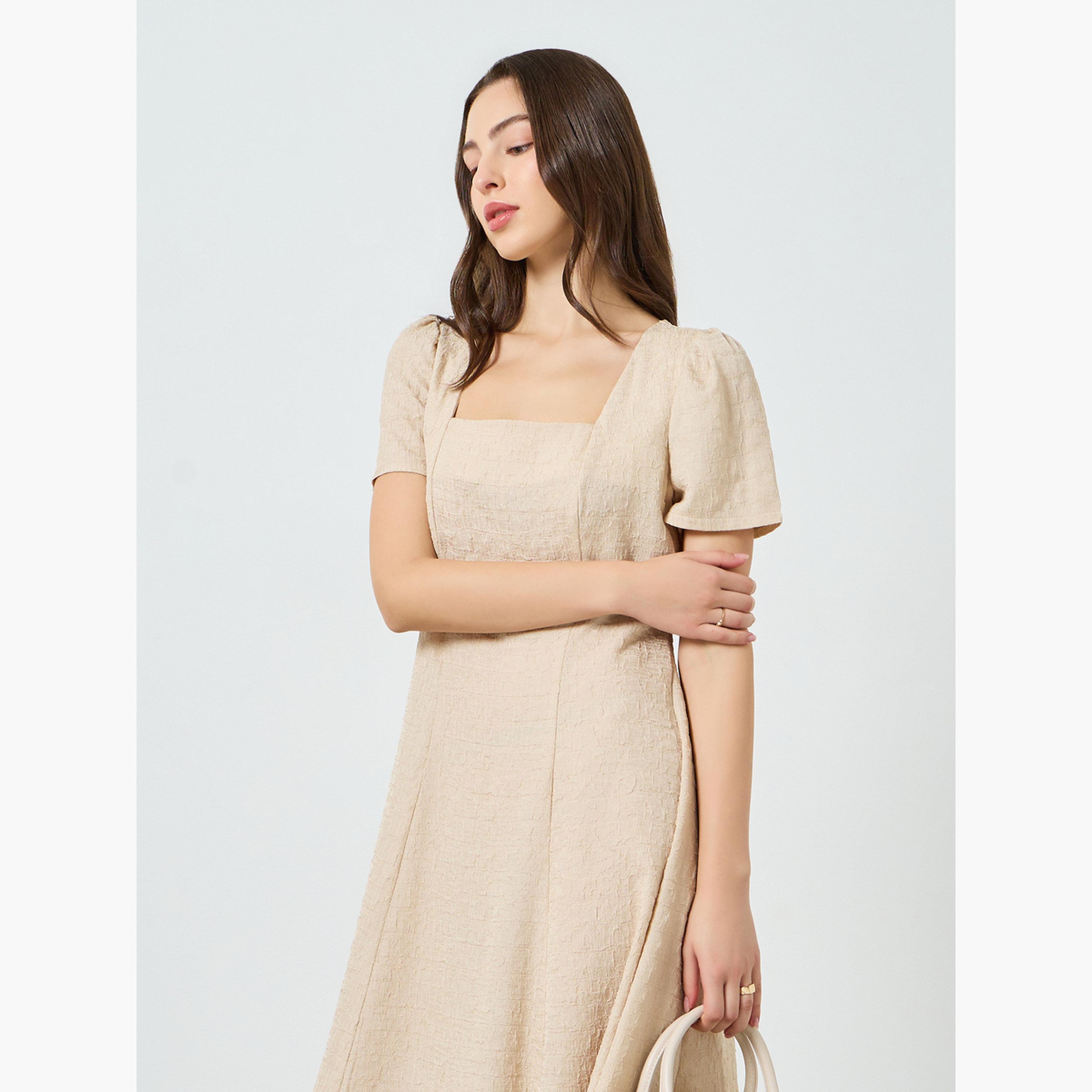 فستان ميدي بملمس بارز وياقة مربعة وخصر محدد للنساء-women-clothing-dresses-image-2