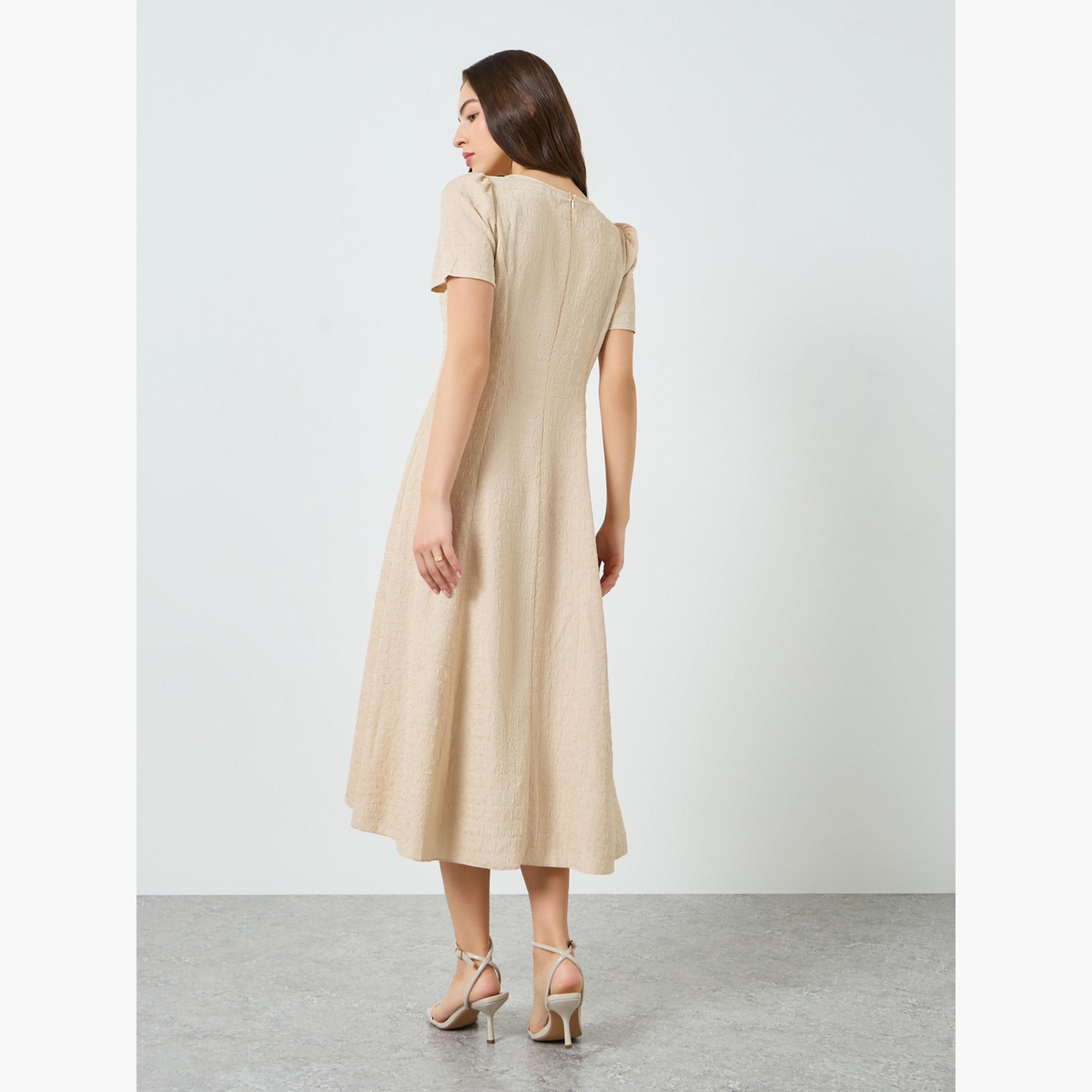 فستان ميدي بملمس بارز وياقة مربعة وخصر محدد للنساء-women-clothing-dresses-image-4