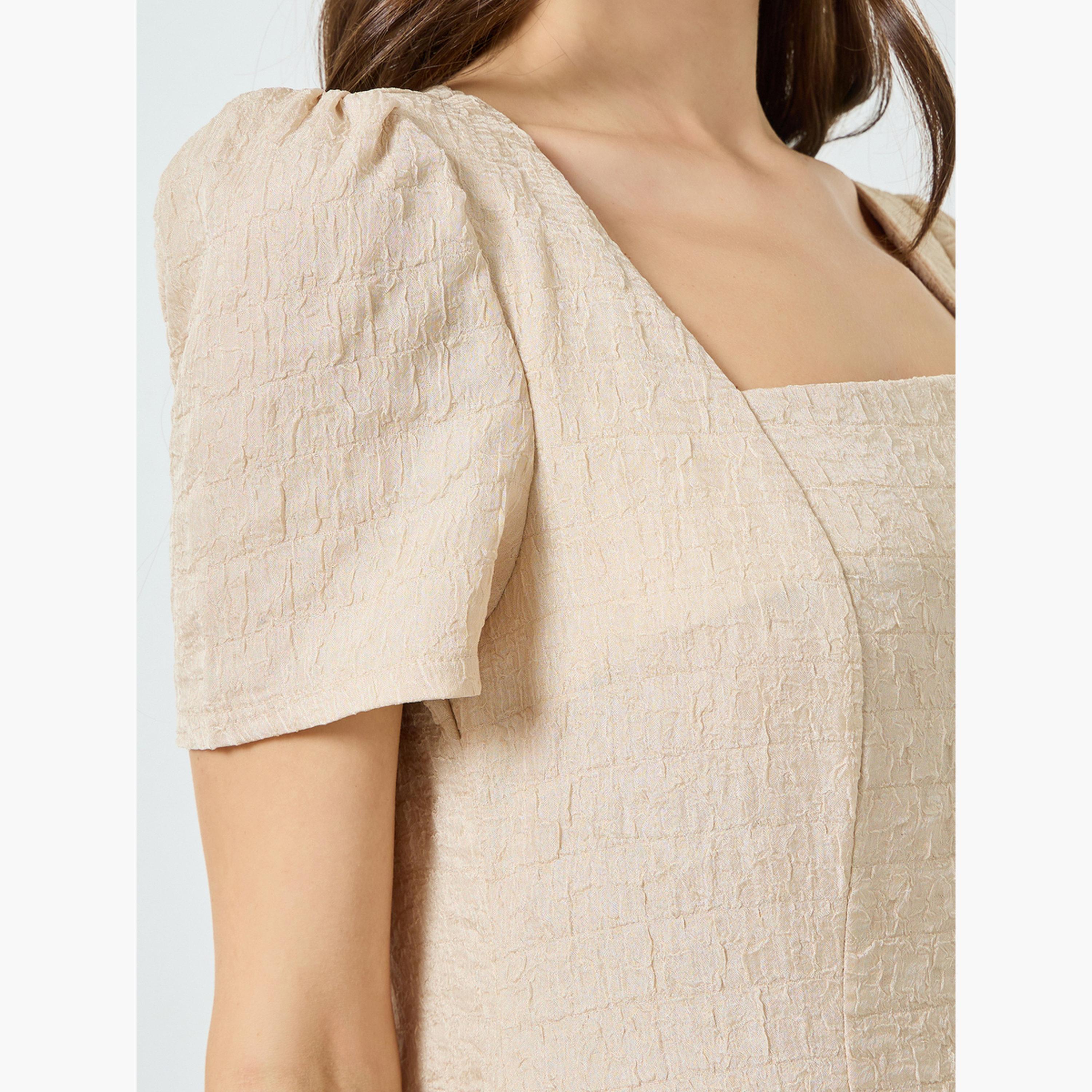 فستان ميدي بملمس بارز وياقة مربعة وخصر محدد للنساء-women-clothing-dresses-image-5