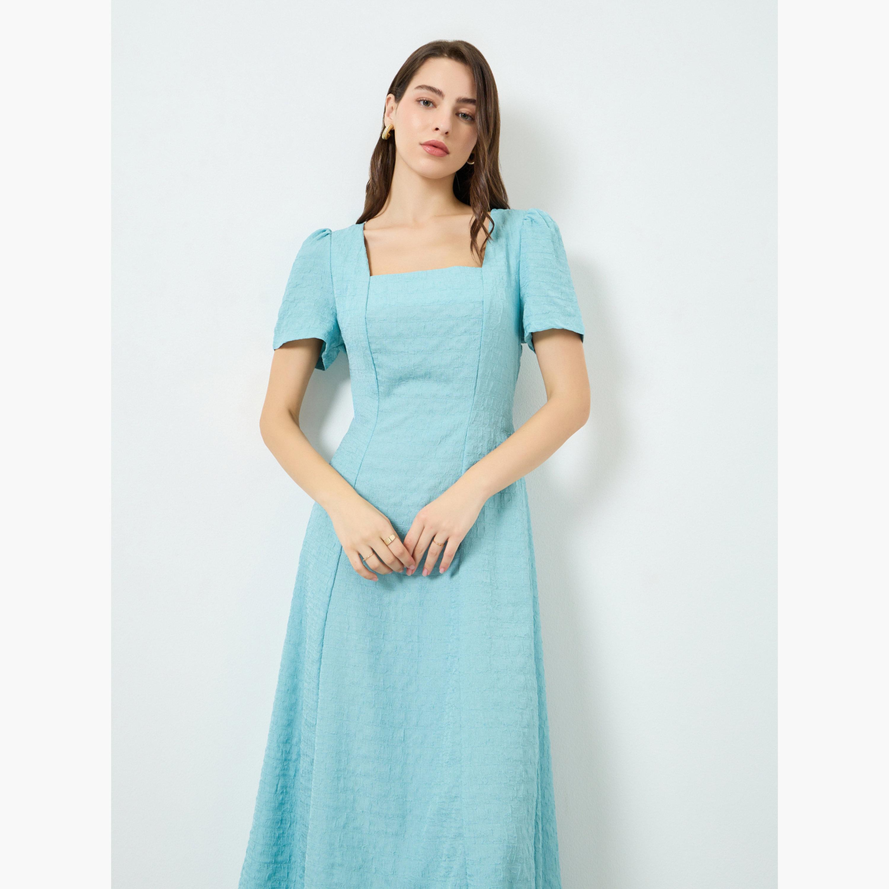 Take Two Women Teal Textured Square Neck Fitted Waist Midi Dress-women-clothing-dresses-image-2