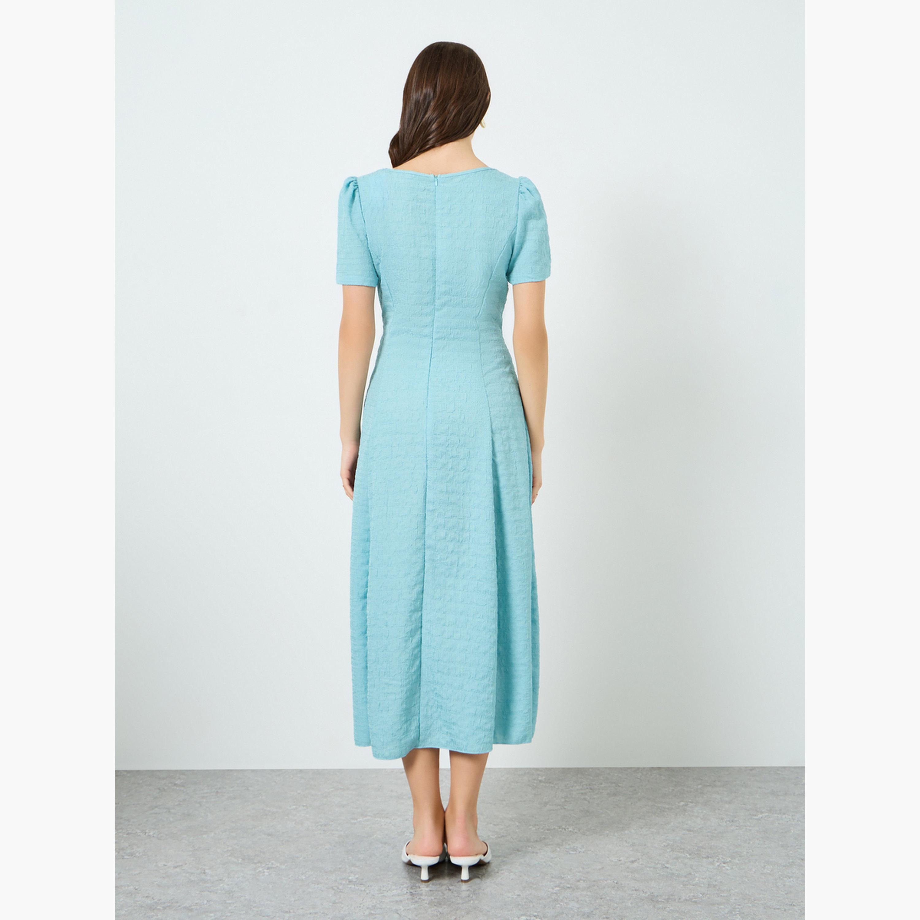 فستان ميدي بملمس بارز وياقة مربعة وخصر محدد للنساء-women-clothing-dresses-image-4