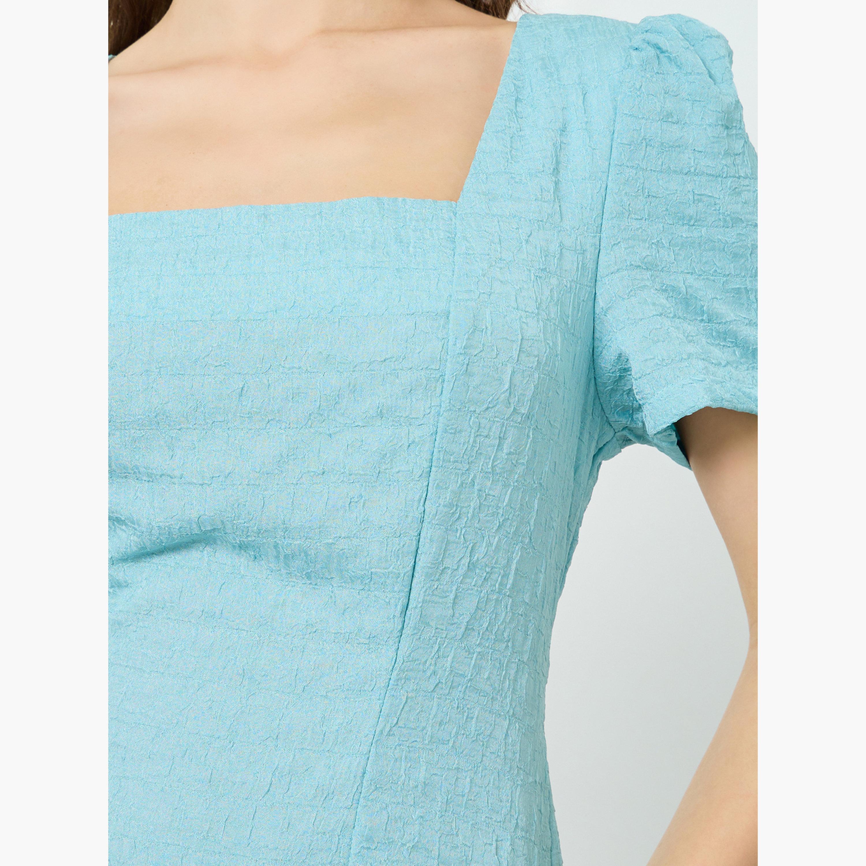 Take Two Women Teal Textured Square Neck Fitted Waist Midi Dress-women-clothing-dresses-image-5