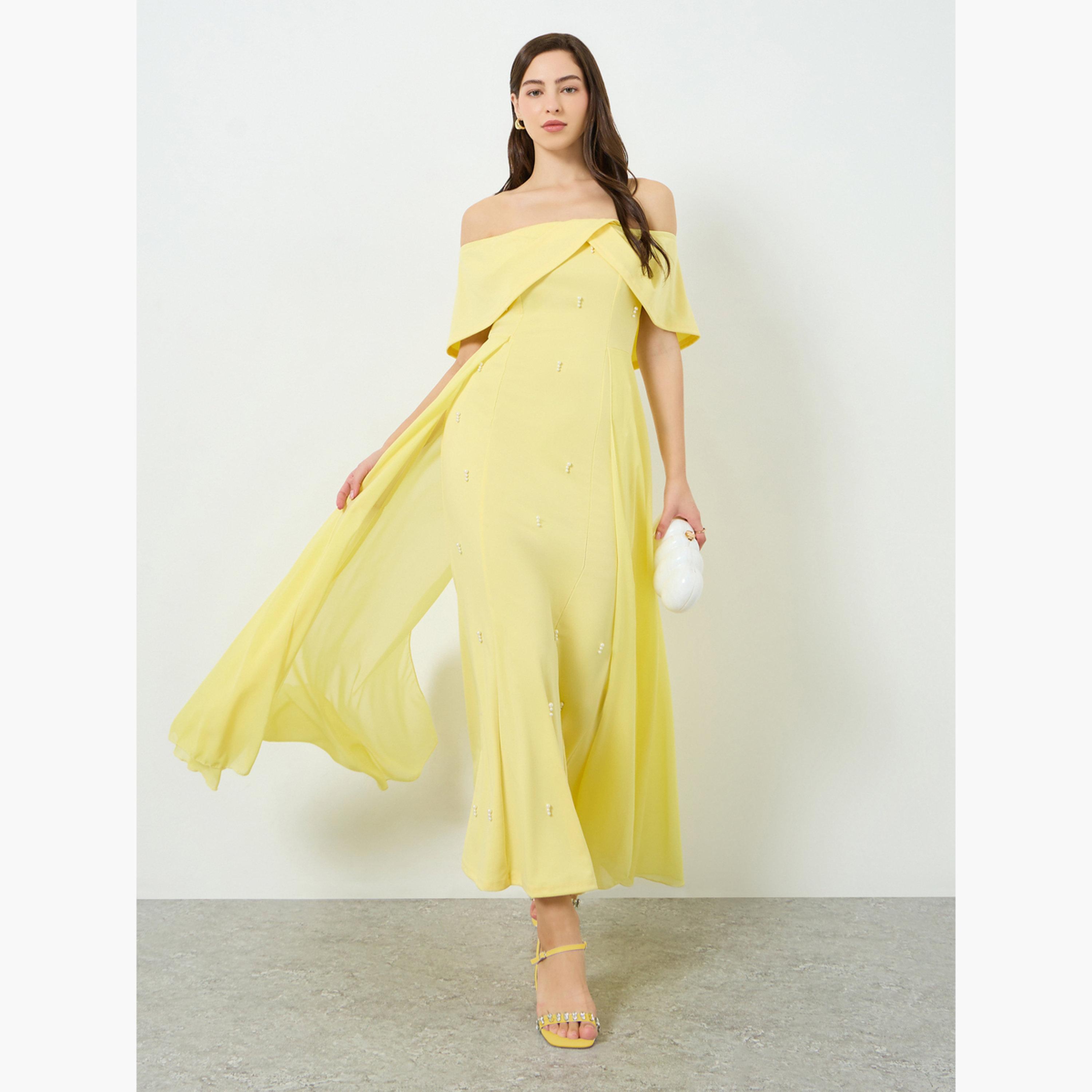 Take Two Women Yellow Faux Pearl Embellished Maxi Dress-women-clothing-dresses-image-1