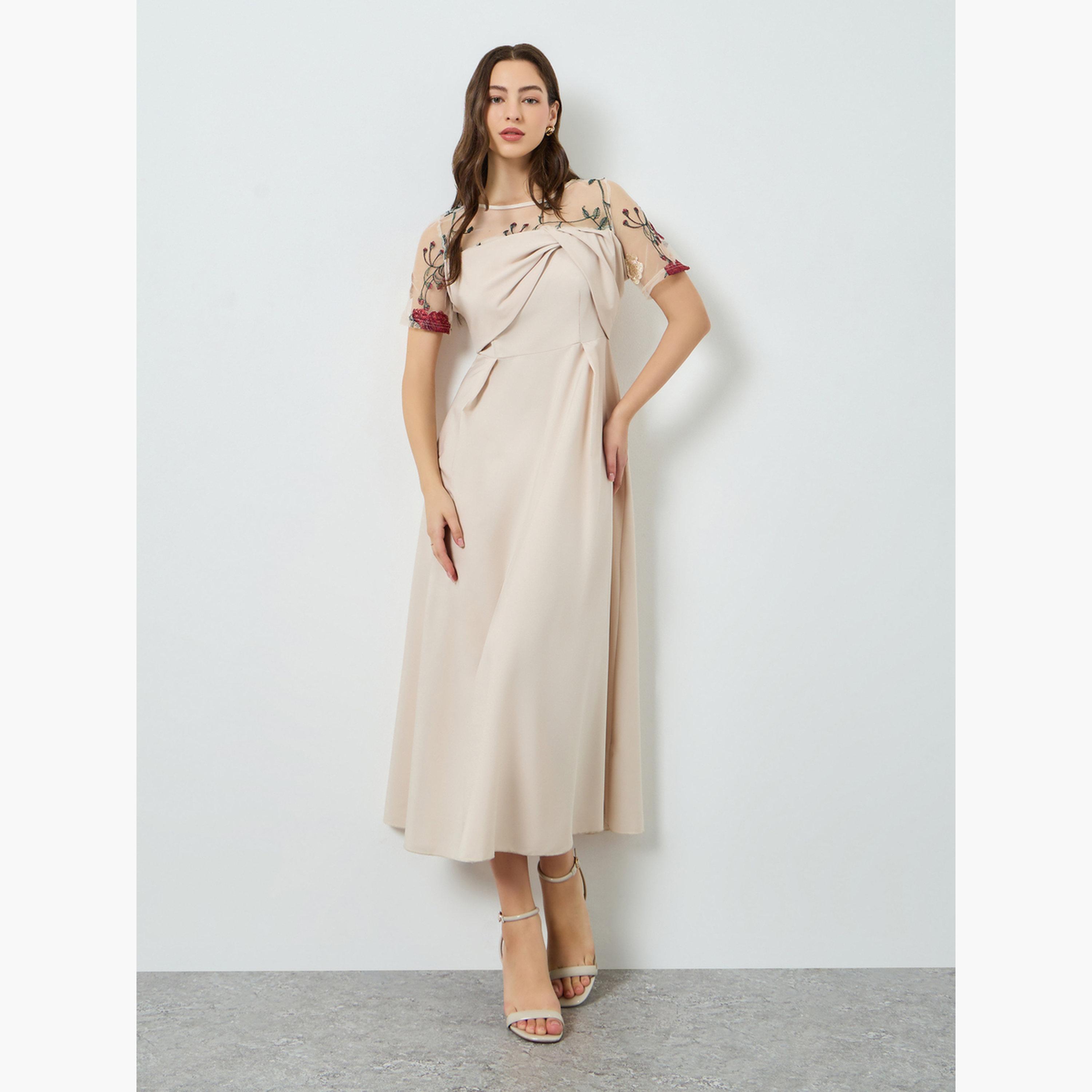 Take Two Women Beige Floral Embroidered Contrast Mesh Midi Dress-women-clothing-dresses-image-1