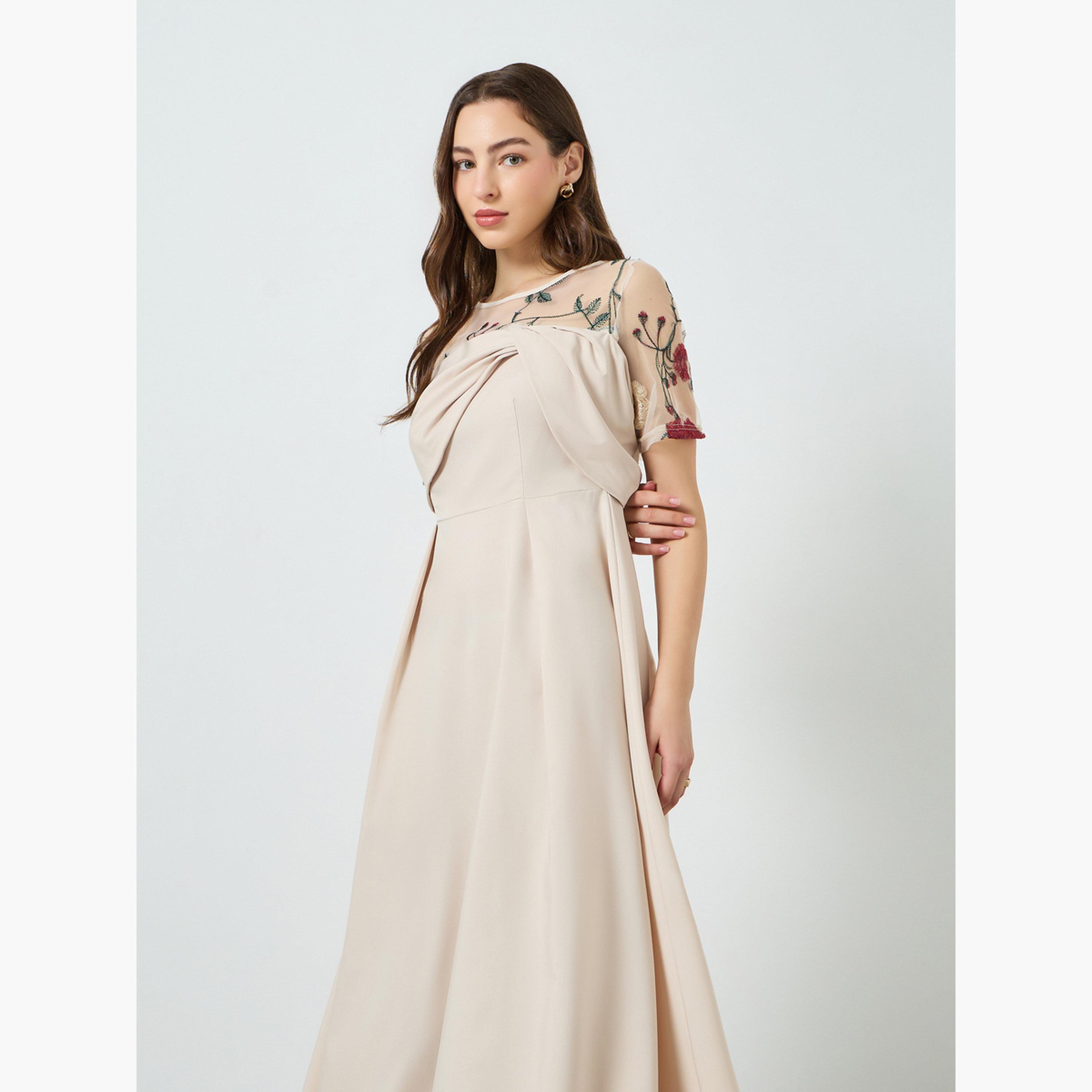 Take Two Women Beige Floral Embroidered Contrast Mesh Midi Dress-women-clothing-dresses-image-2