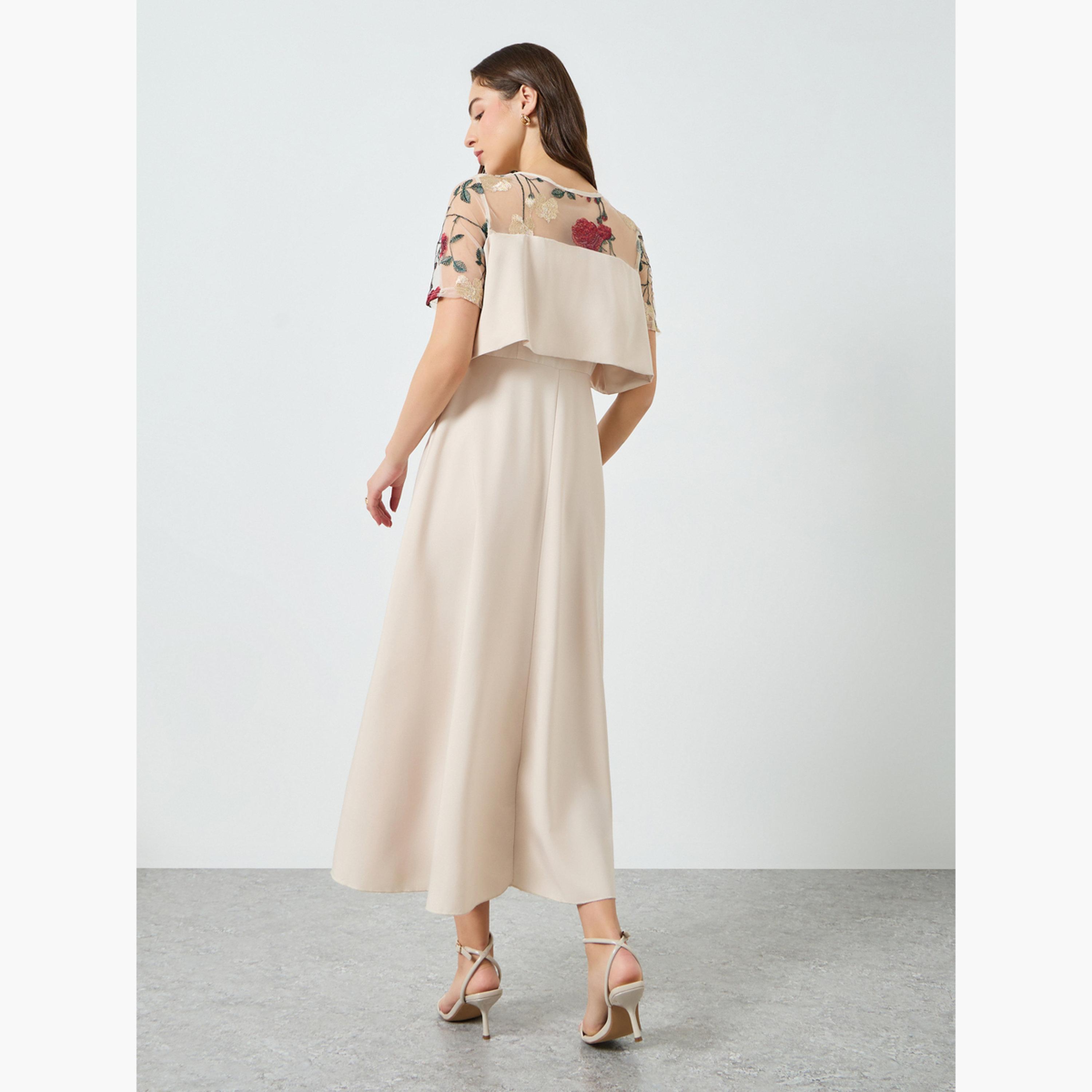 Take Two Women Beige Floral Embroidered Contrast Mesh Midi Dress-women-clothing-dresses-image-3