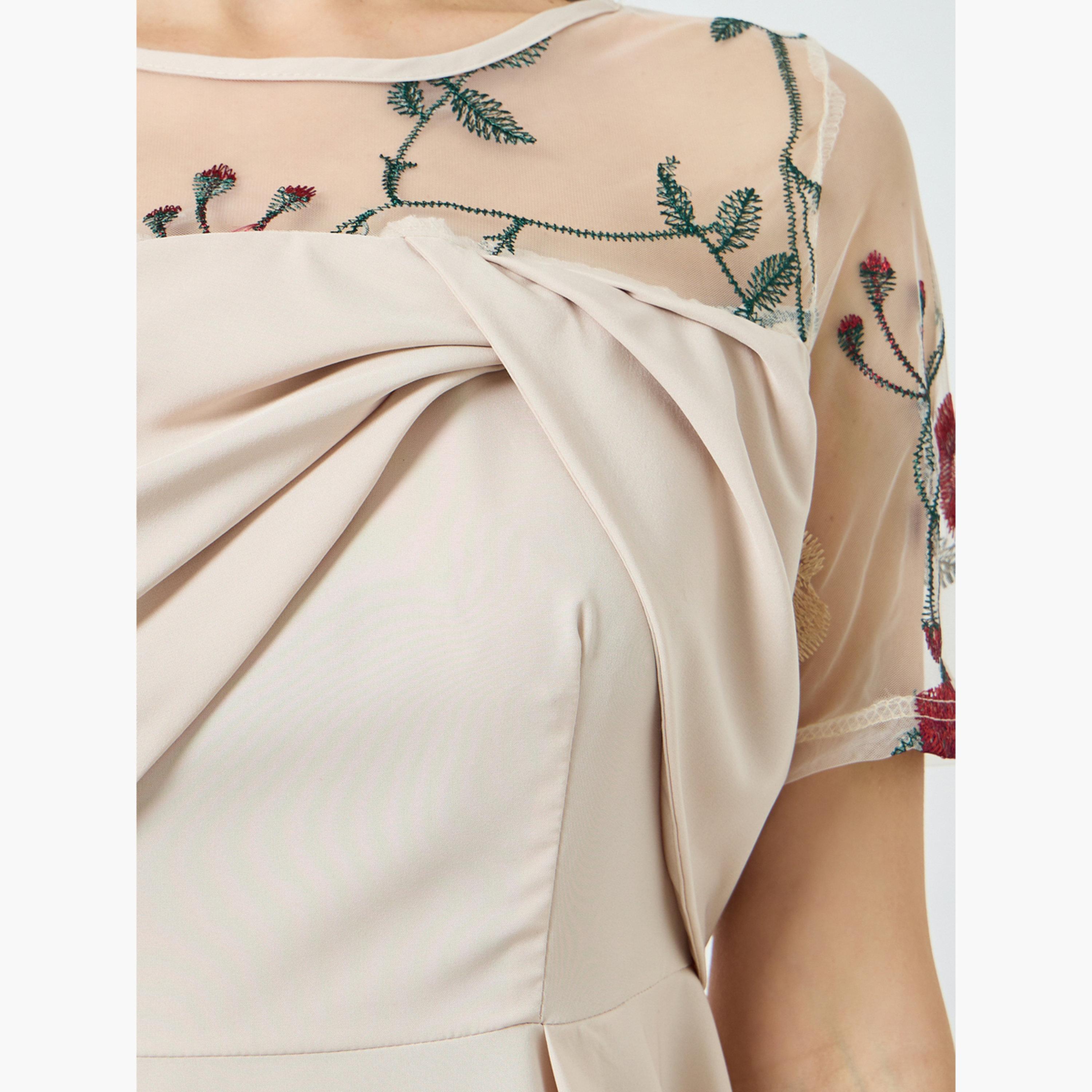 فستان ميدي بتطريز أزهار وتفاصيل شبكية متباينة للنساء-women-clothing-dresses-image-4